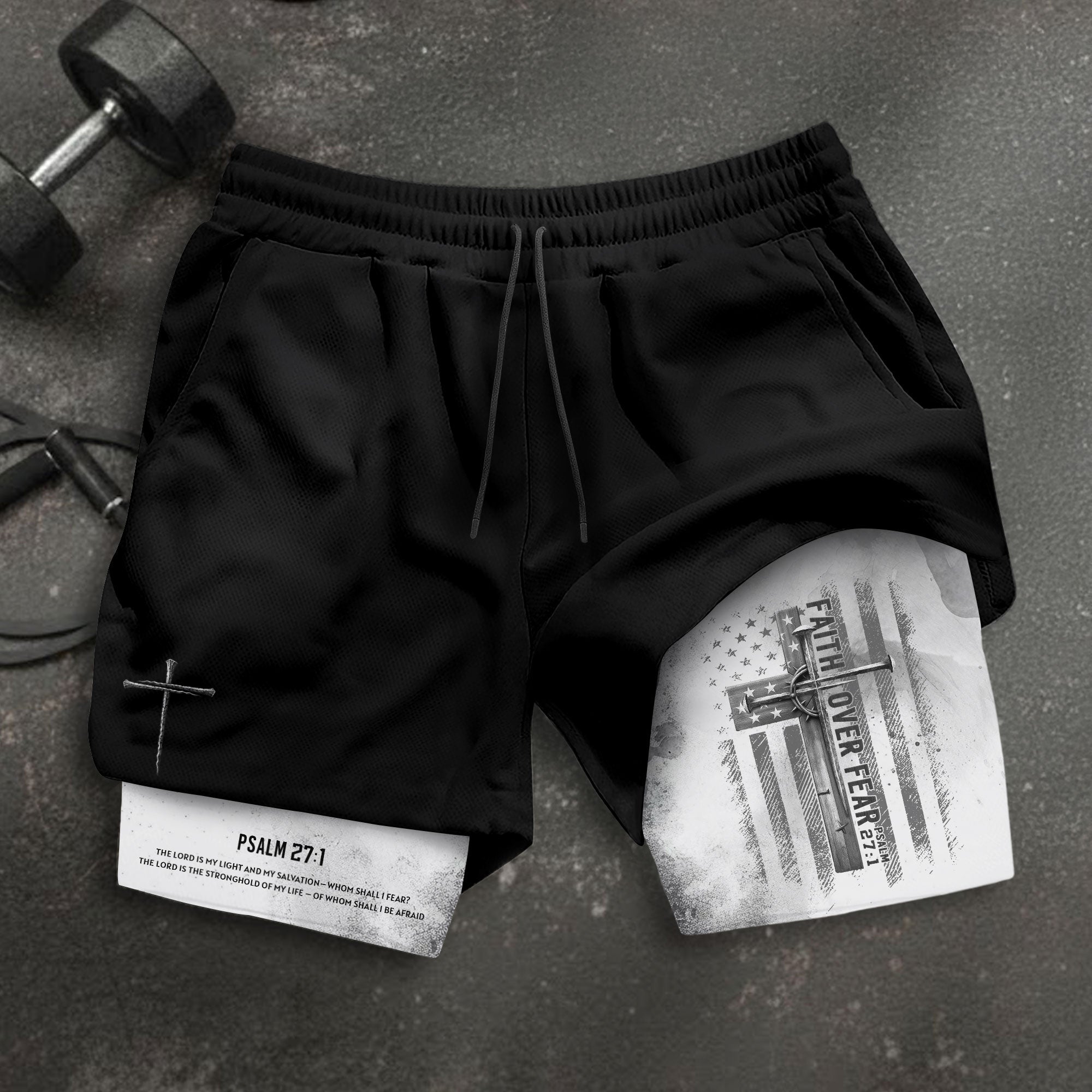 Faith Over Fear Christian Gym Shorts for Men Psalm 27 1 White Flag Cross