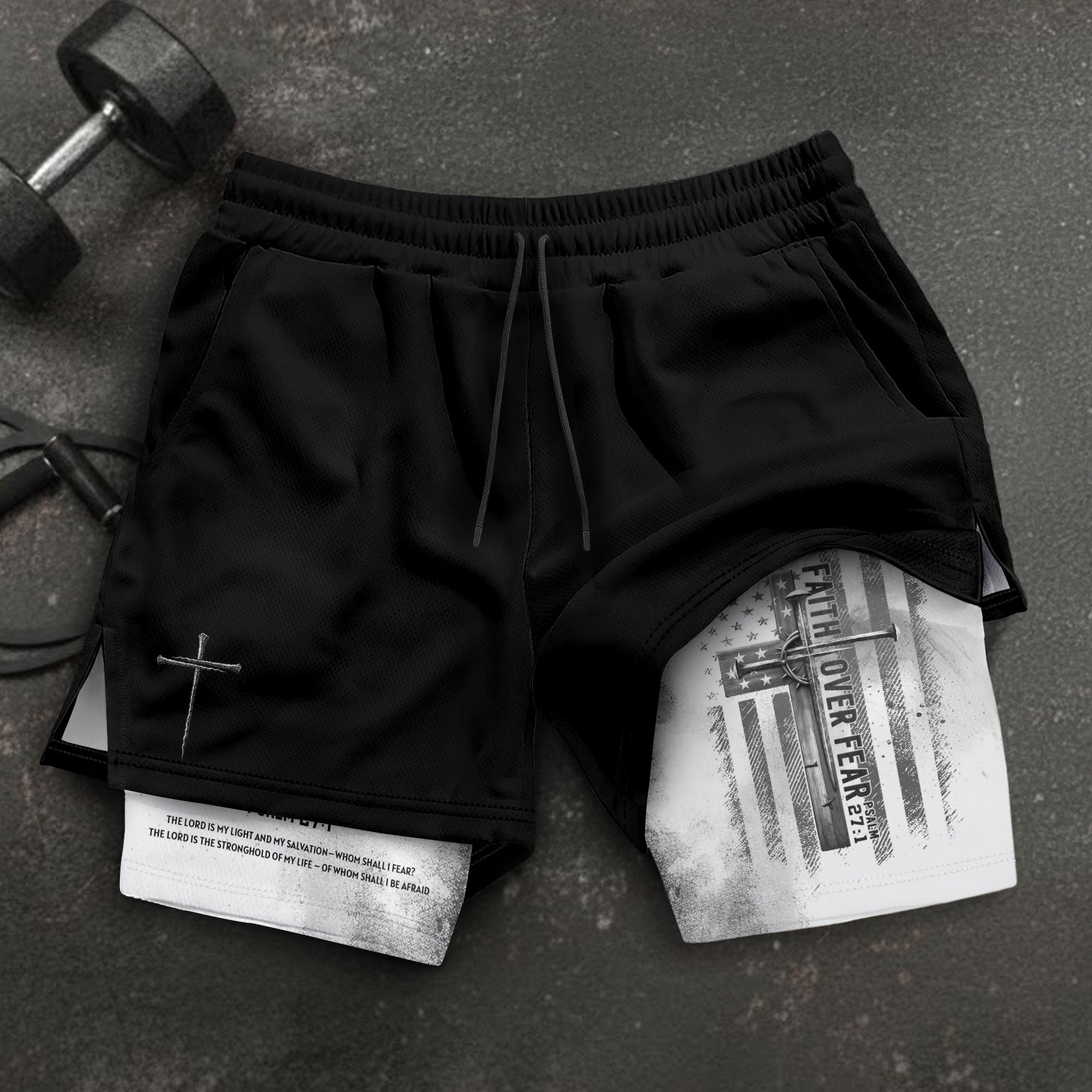 Faith Over Fear Christian Gym Shorts for Men Psalm 27:1 White Flag Cross - Rust Field Wear
