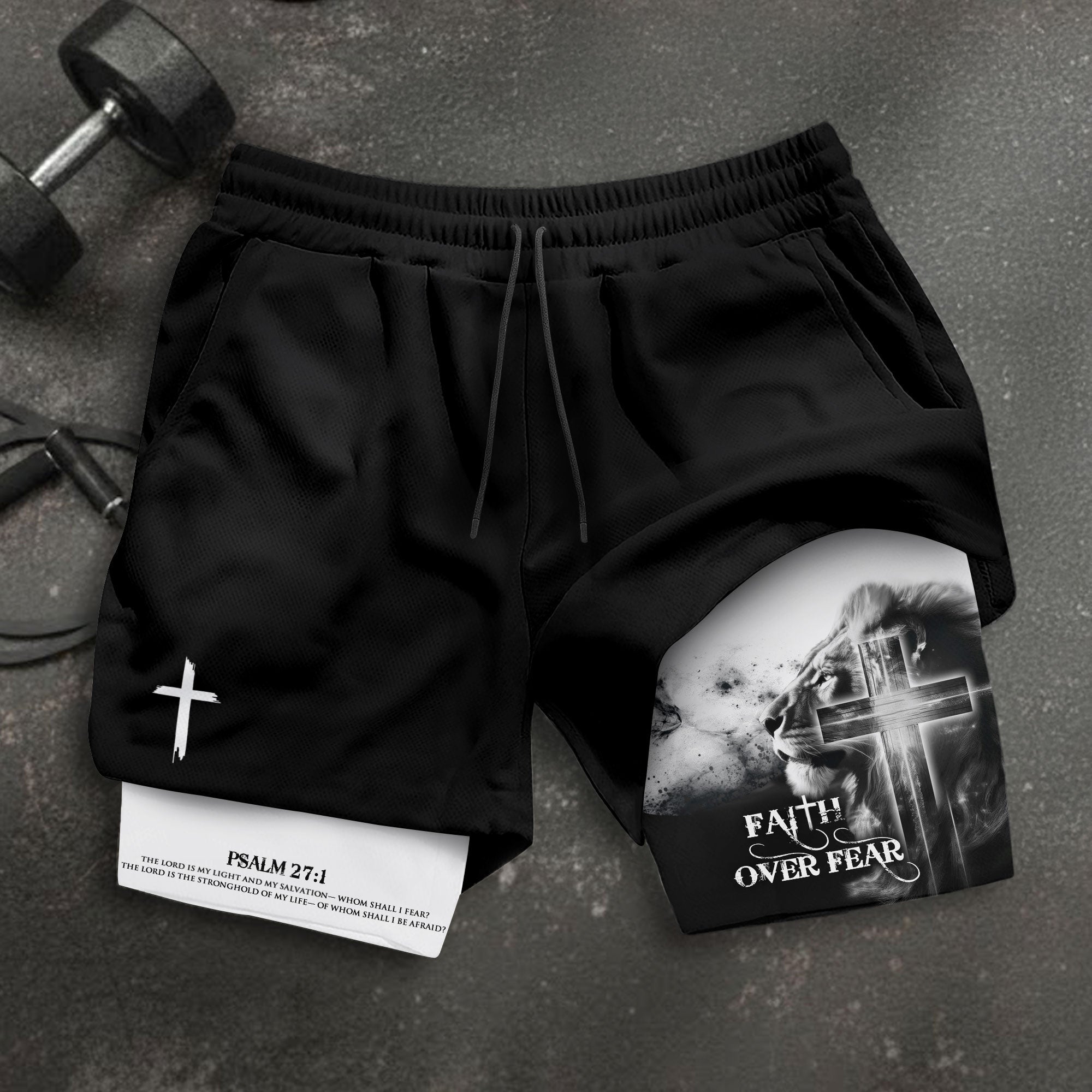Faith Over Fear Christian Gym Shorts for Men – Psalm 27:1 Lion Cross