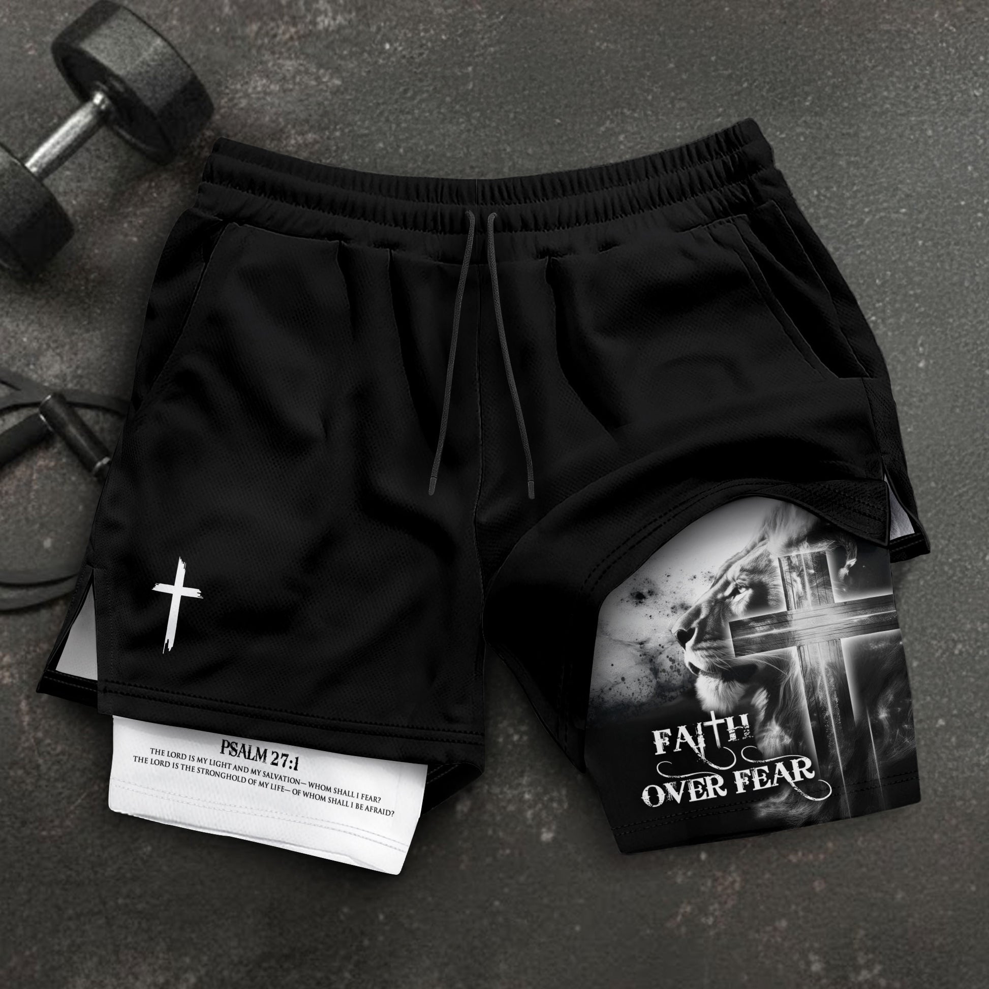 Faith Over Fear Christian Gym Shorts for Men – Psalm 27:1 Lion Cross - Rust Field Wear