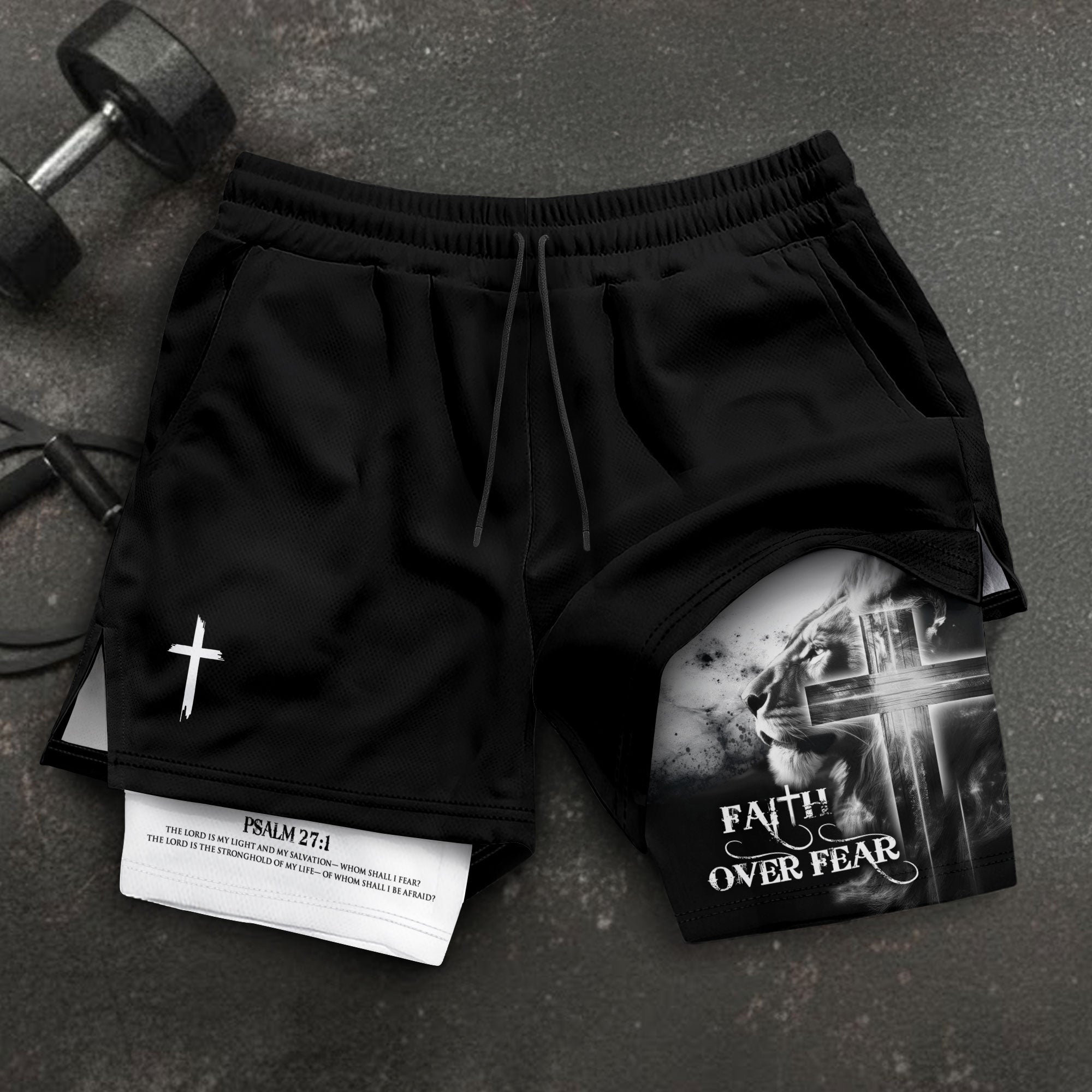 Faith Over Fear Christian Gym Shorts for Men – Psalm 27:1 Lion Cross - Rust Field Wear