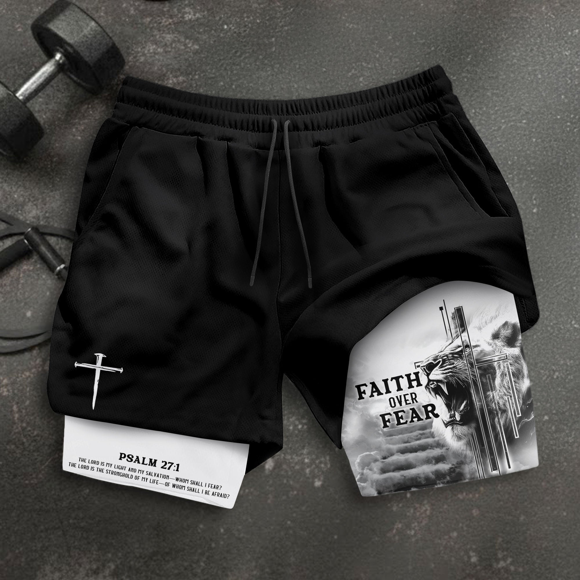 Faith Over Fear Christian Gym Shorts Psalm 27 1 Lion Cross