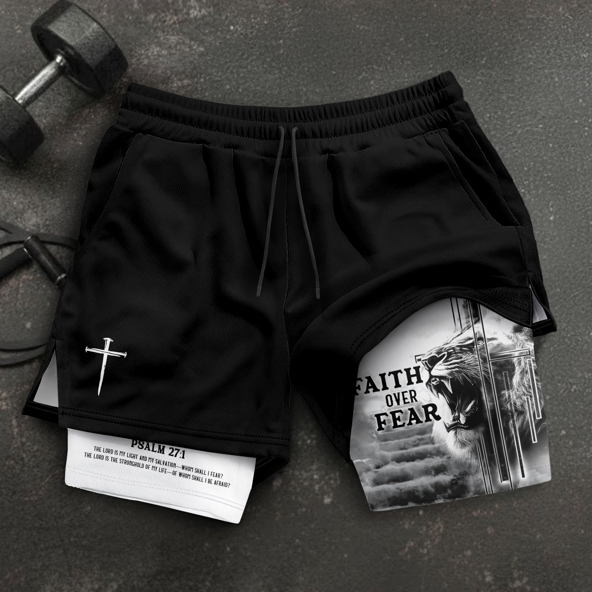 Faith Over Fear Christian Gym Shorts Psalm 27:1 Lion Cross - Rust Field Wear