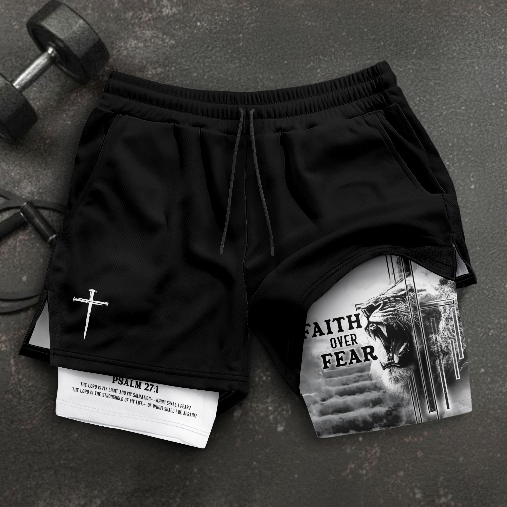 Faith Over Fear Christian Gym Shorts Psalm 27:1 Lion Cross - Rust Field Wear