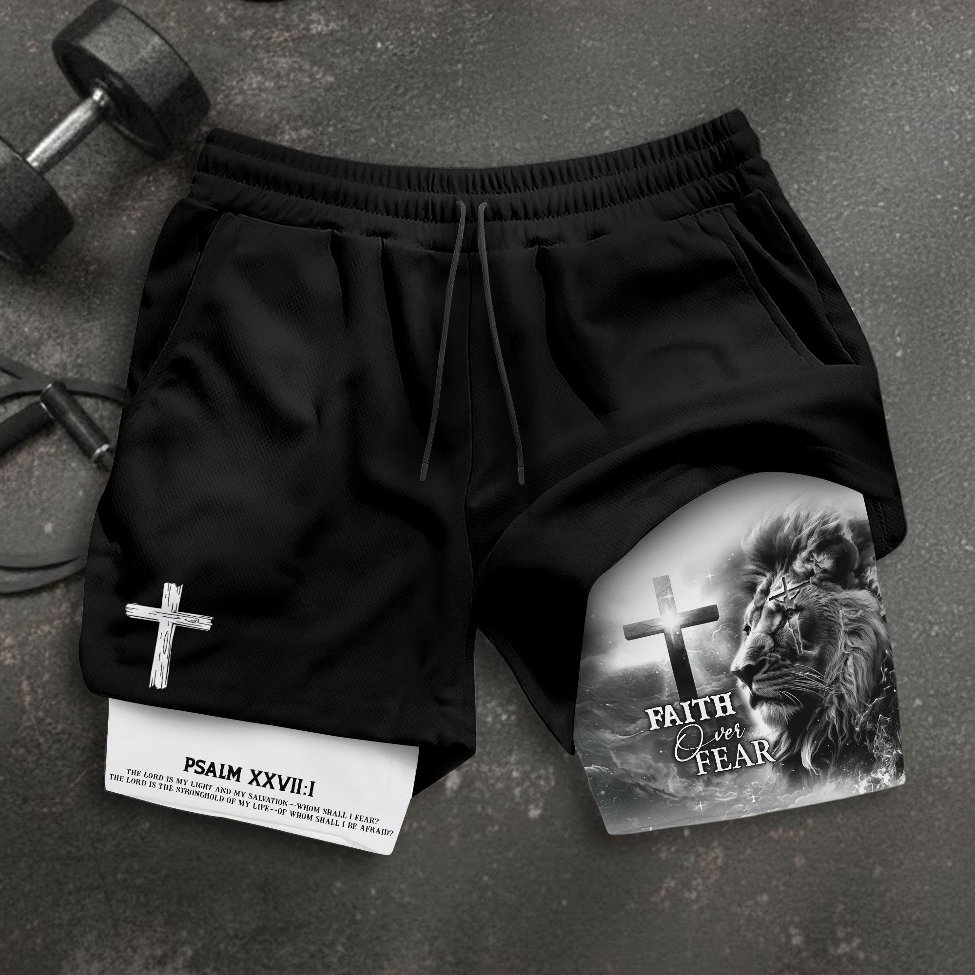 Faith Over Fear Psalm 27 1 Lion Cross Christian Gym Shorts