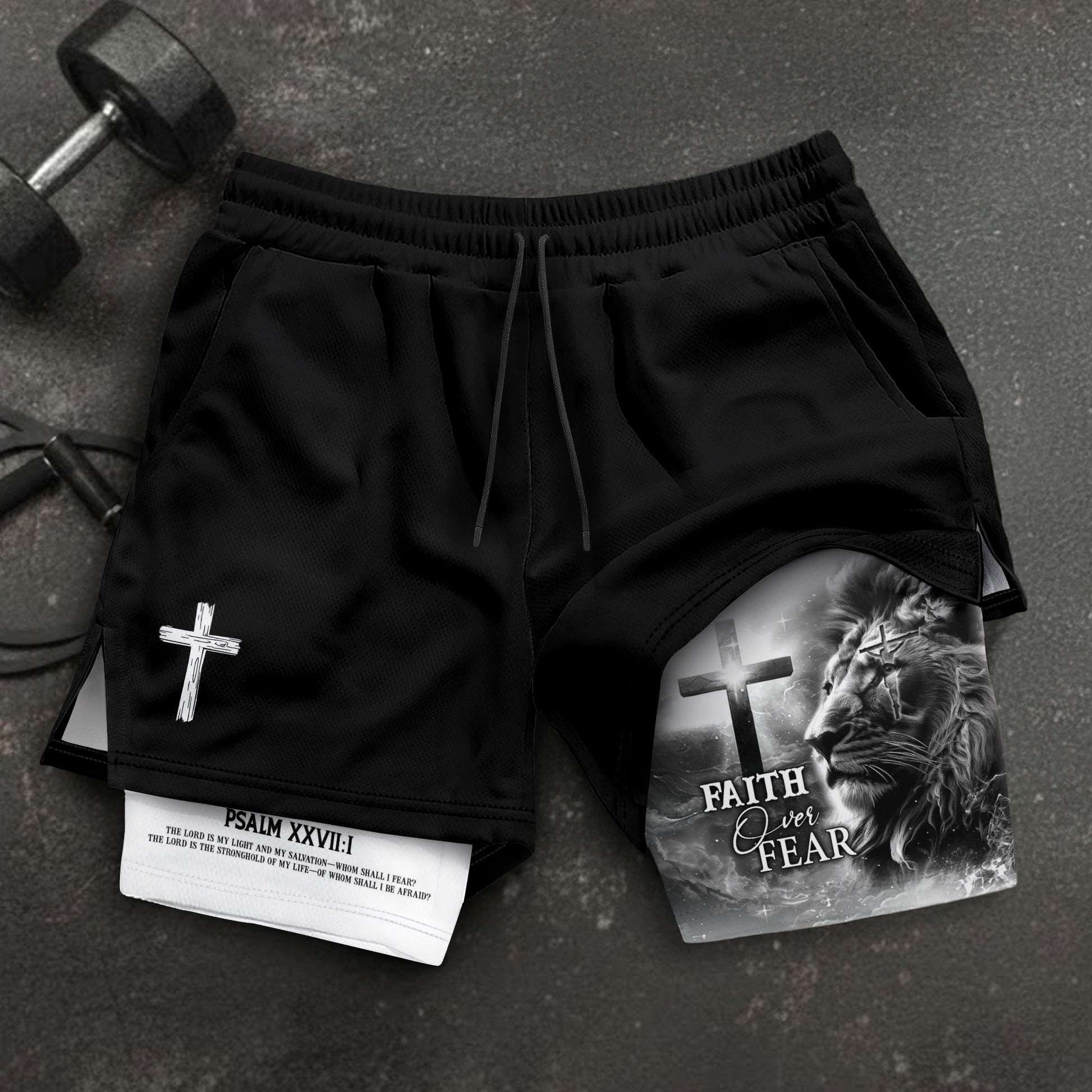 Faith Over Fear Psalm 27:1 Lion Cross Christian Gym Shorts - Rust Field Wear