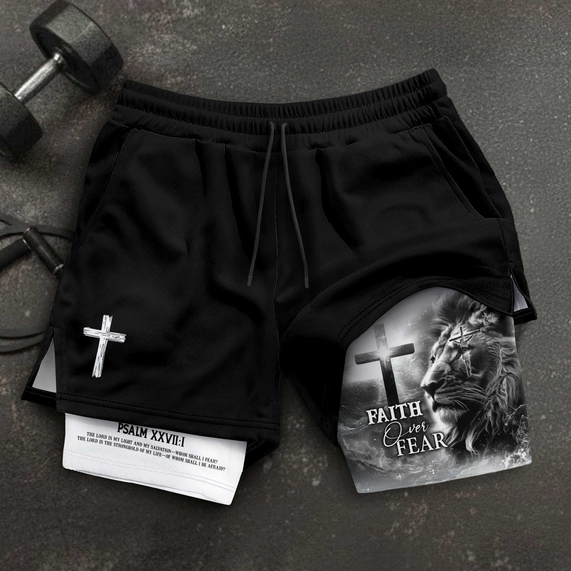 Faith Over Fear Psalm 27:1 Lion Cross Christian Gym Shorts - Rust Field Wear