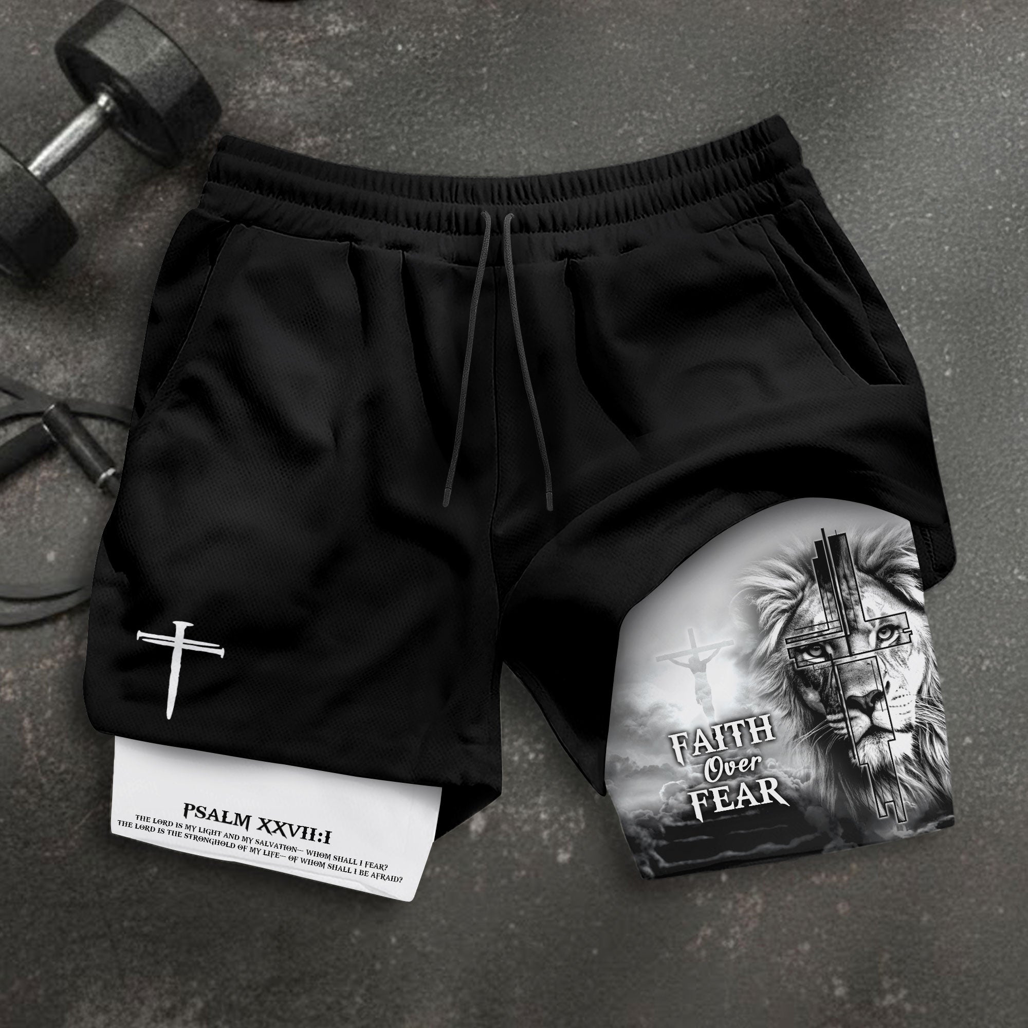Faith Over Fear Psalm 27 1 Lion Cross Design Christian Gym Shorts
