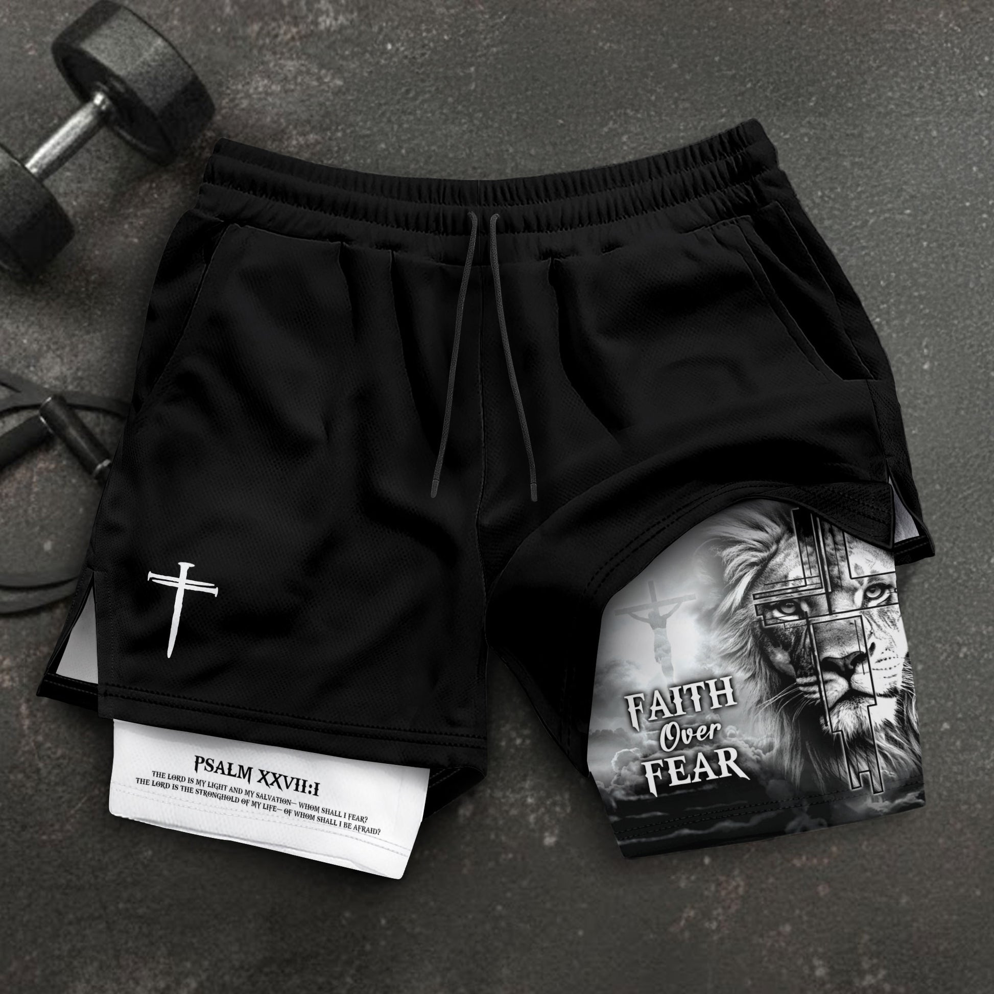 Faith Over Fear Psalm 27:1 Lion Cross Design Christian Gym Shorts - Rust Field Wear