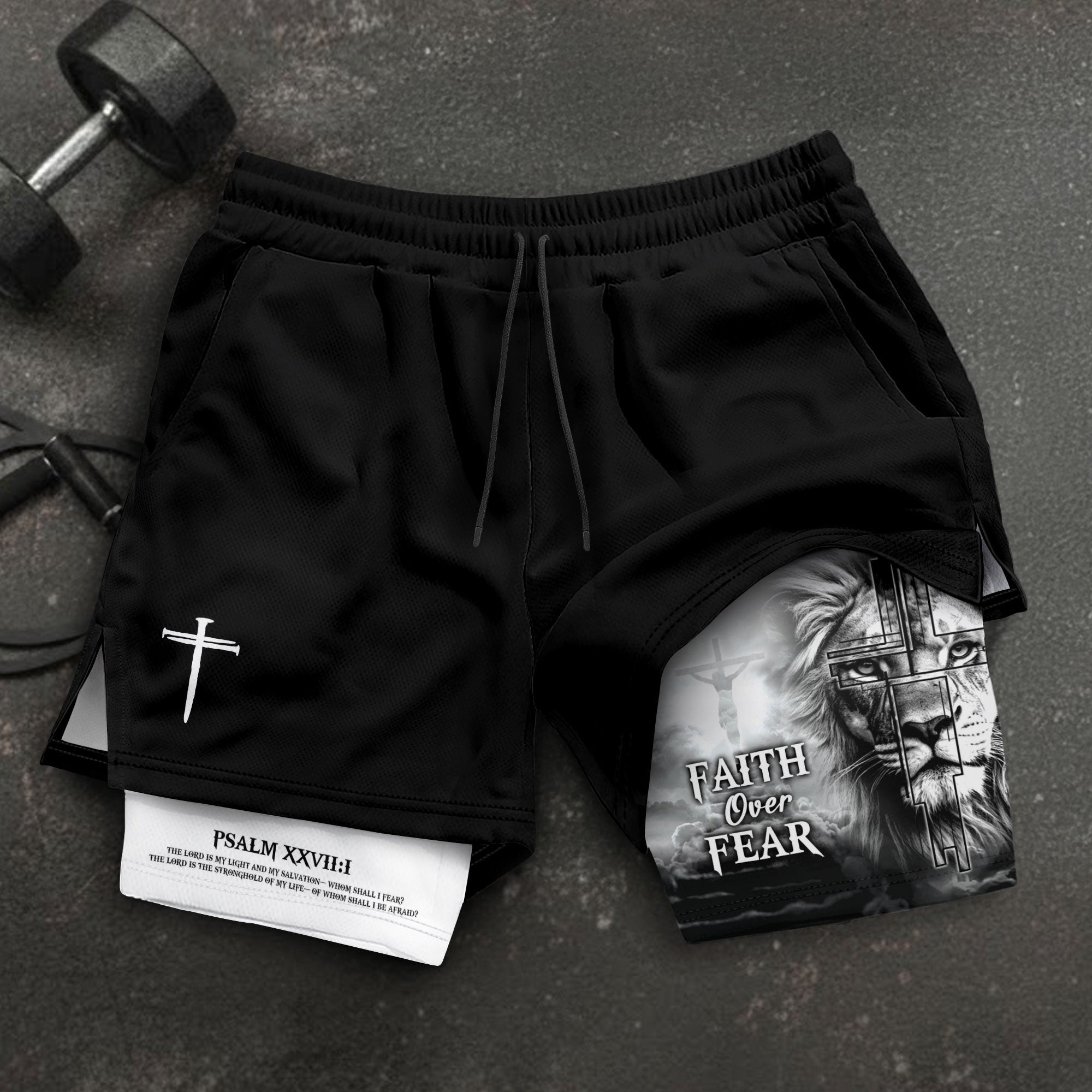 Faith Over Fear Psalm 27:1 Lion Cross Design Christian Gym Shorts - Rust Field Wear