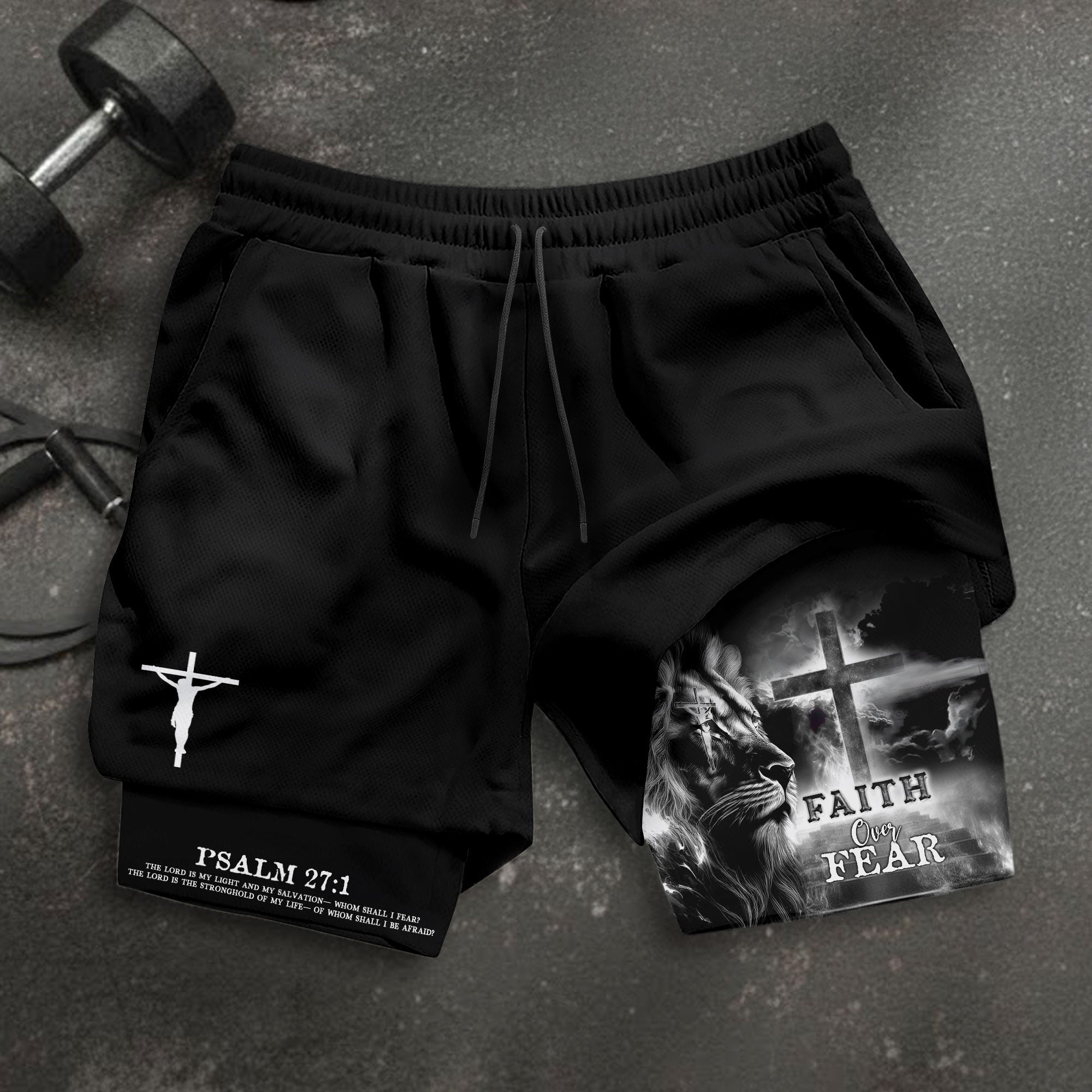 Faith Over Fear Psalm 27 1 Jesus Cross Lion Christian Gym Shorts