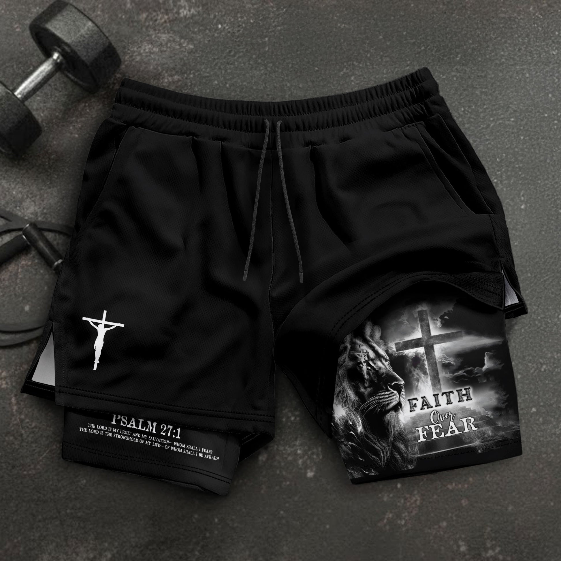 Faith Over Fear Psalm 27:1 Jesus Cross Lion Christian Gym Shorts - Rust Field Wear