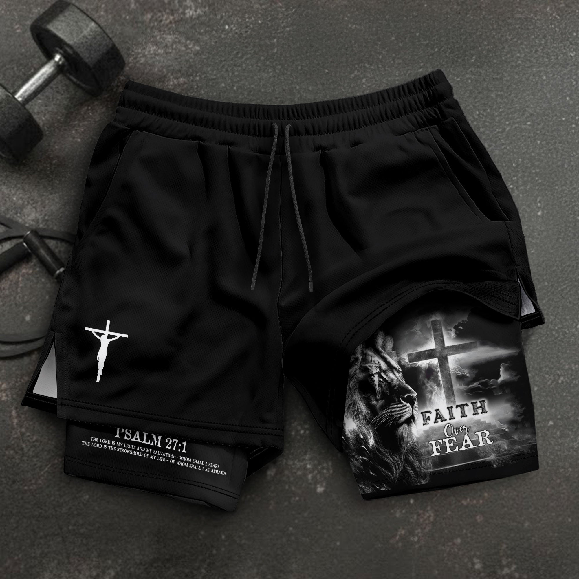 Faith Over Fear Psalm 27:1 Jesus Cross Lion Christian Gym Shorts - Rust Field Wear