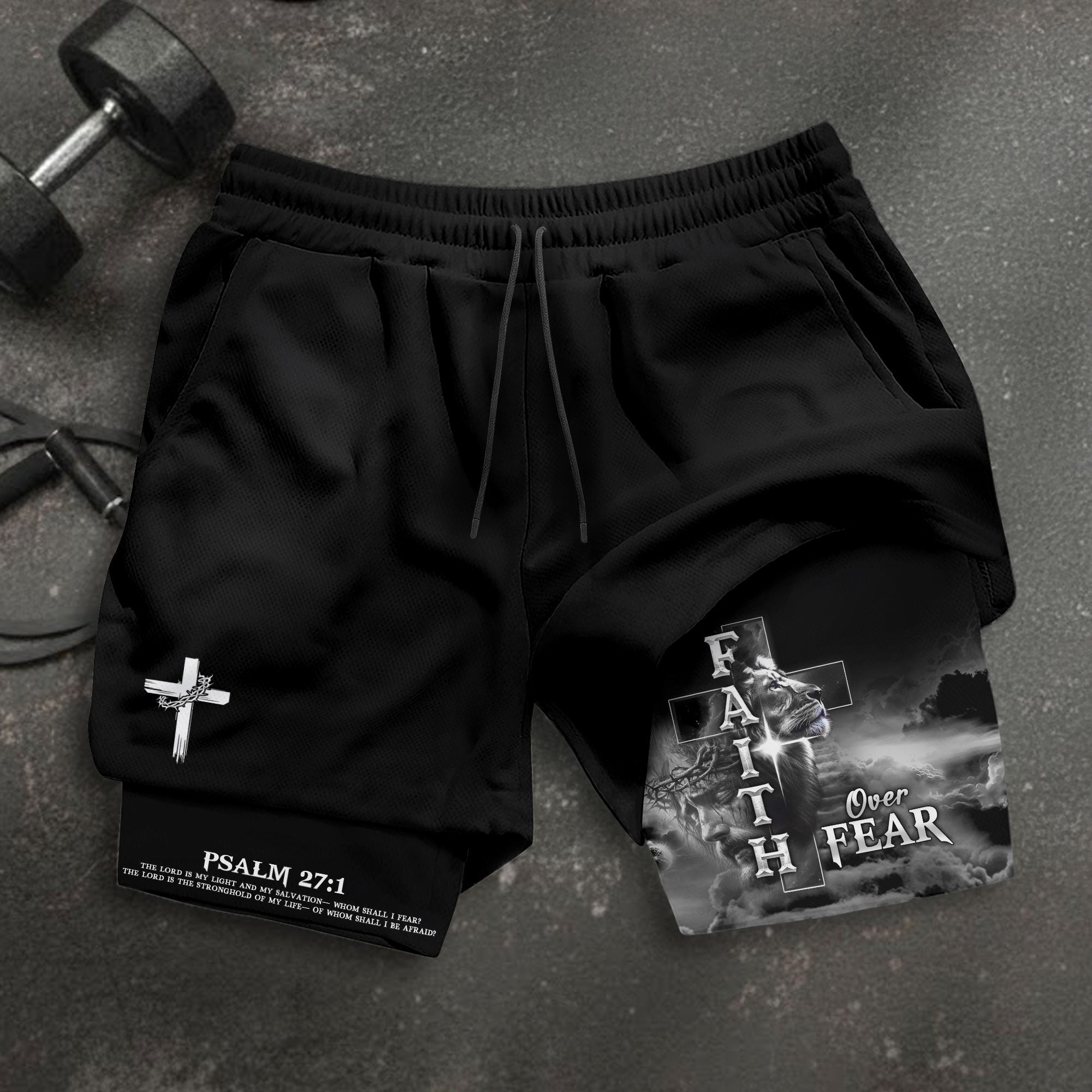 Faith Over Fear Psalm 27 1 Lion Cross Christian Gym Shorts for Men