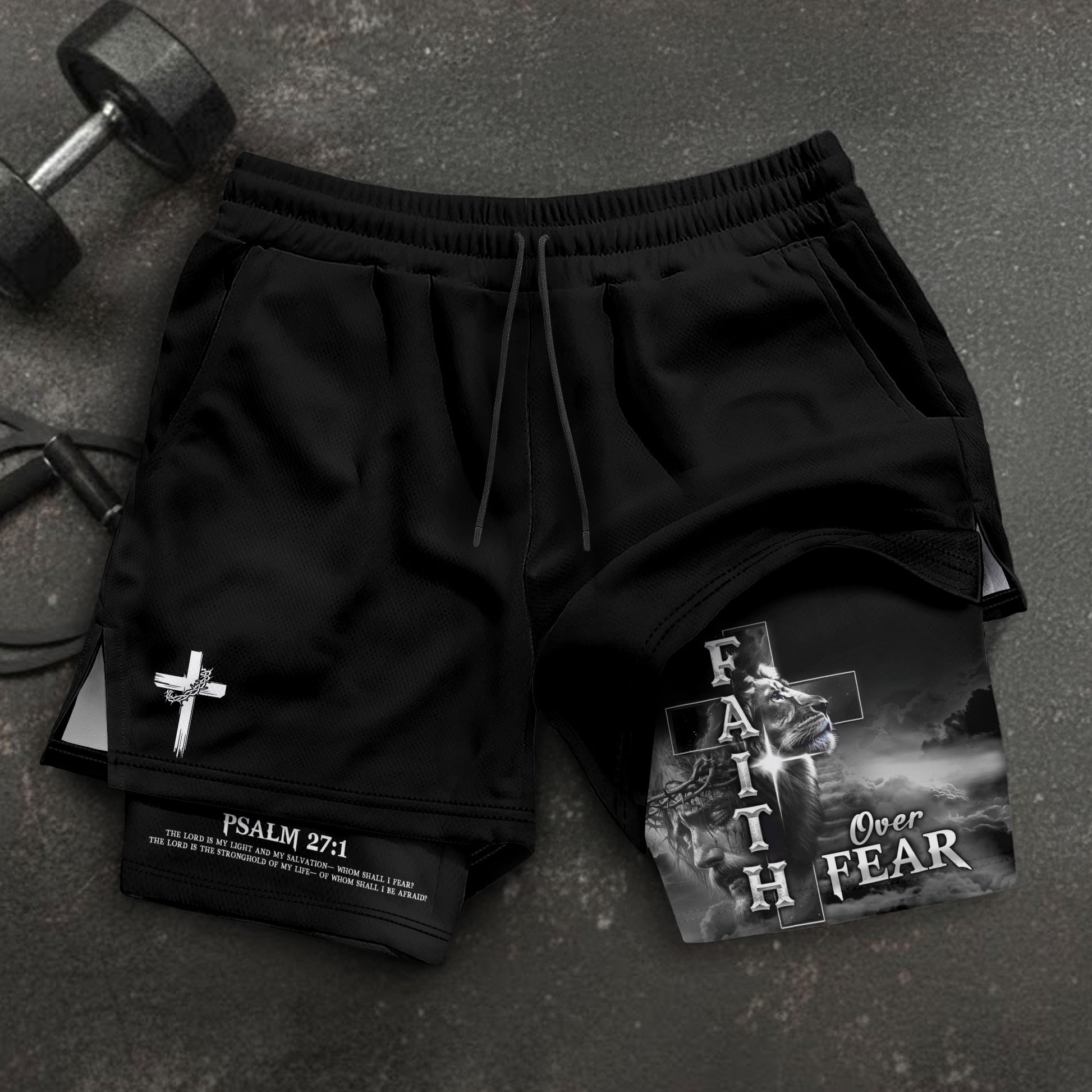 Faith Over Fear Psalm 27:1 Lion Cross Christian Gym Shorts for Men - Rust Field Wear