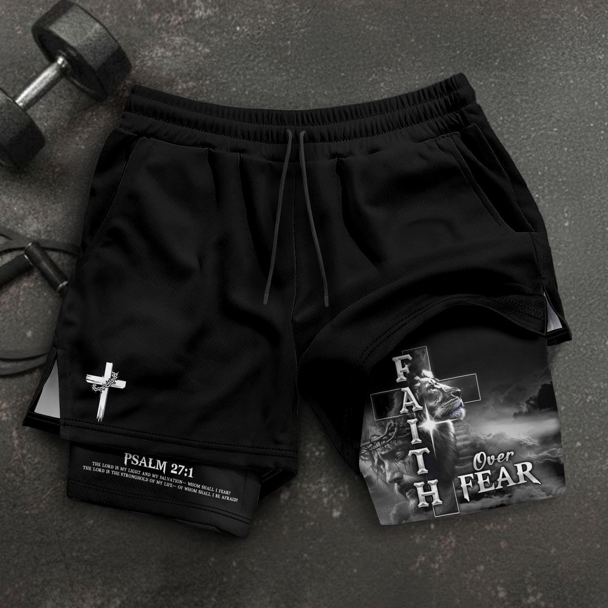 Faith Over Fear Psalm 27:1 Lion Cross Christian Gym Shorts for Men - Rust Field Wear