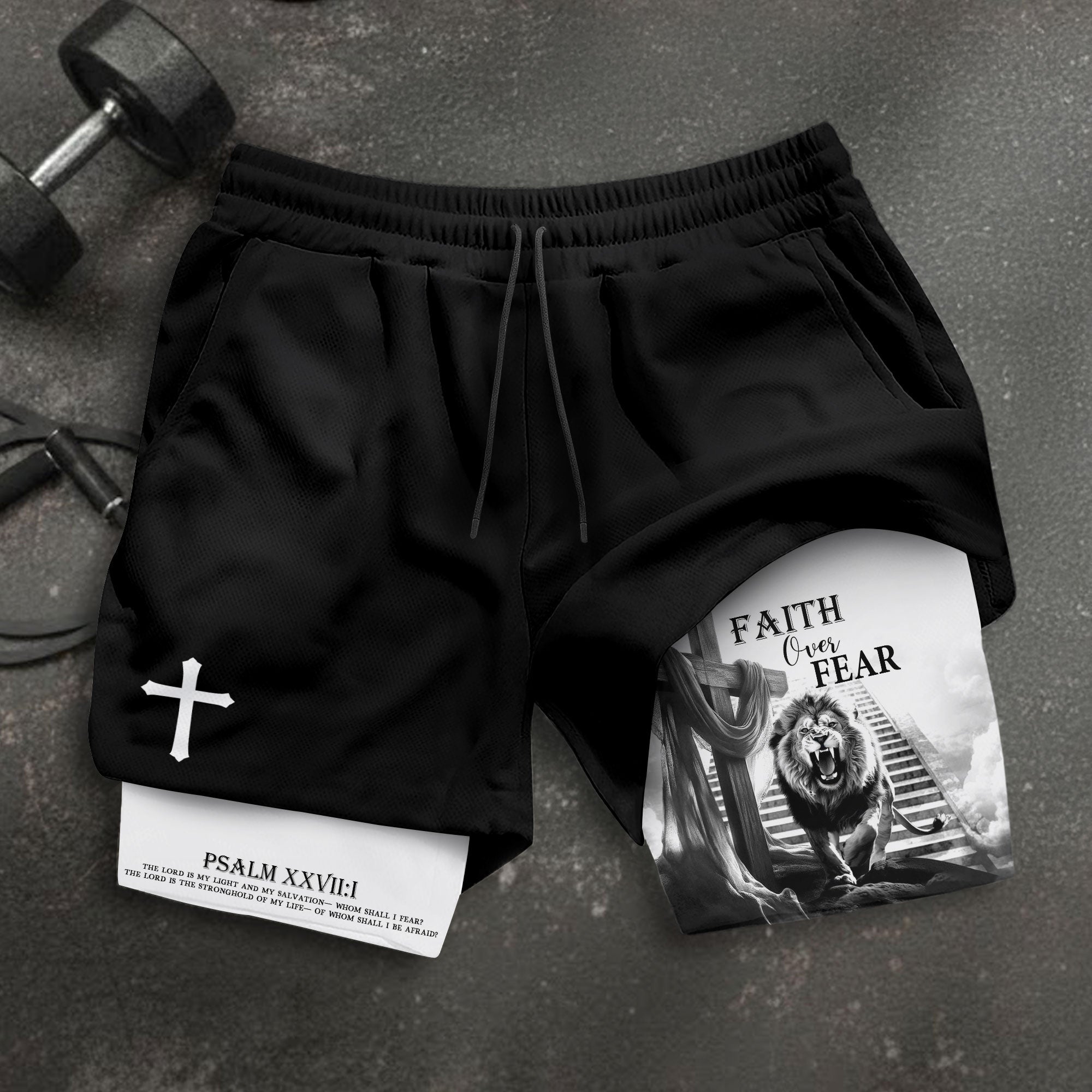 Faith Over Fear Christian Gym Shorts for Men Jesus Cross Bible Verse