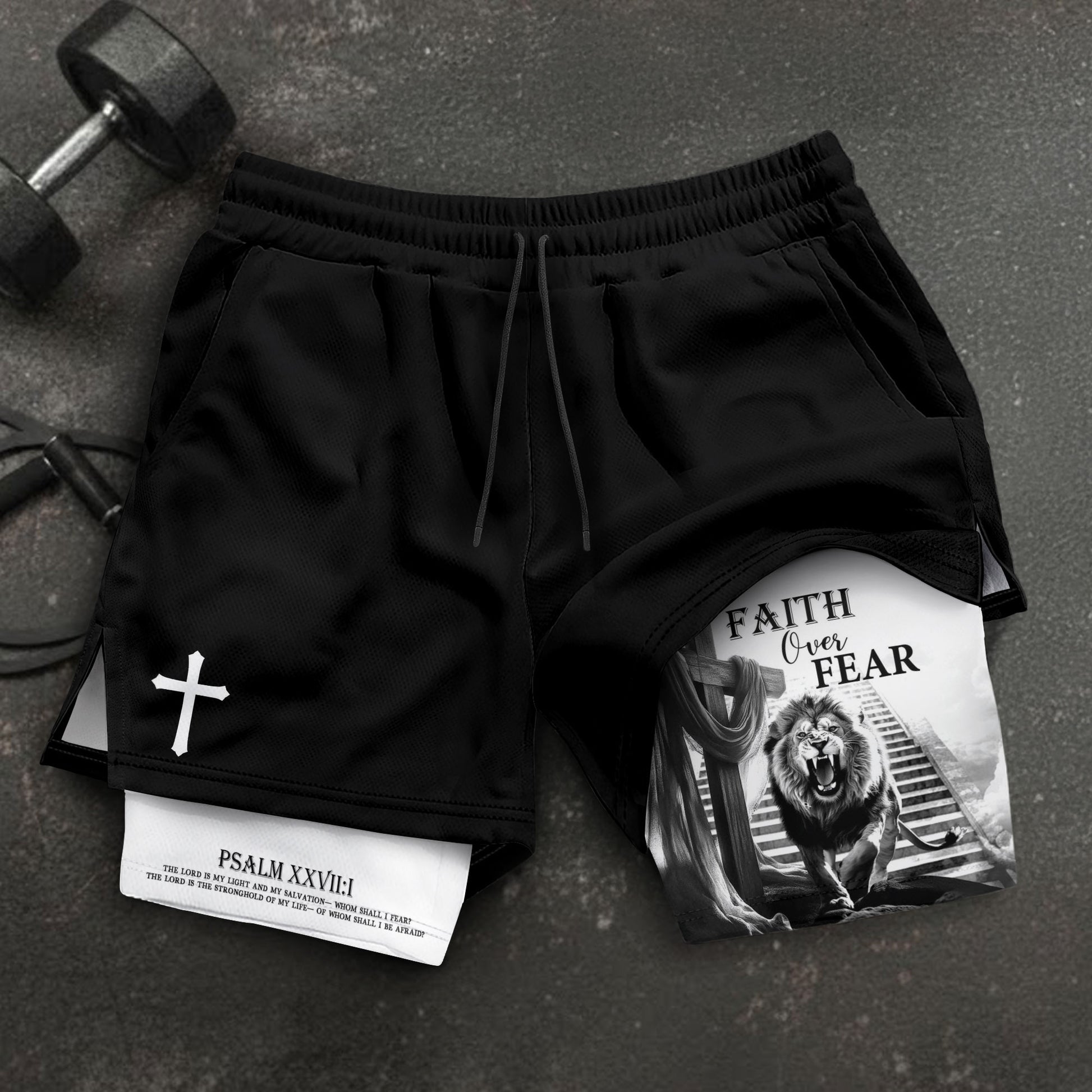 Faith Over Fear Christian Gym Shorts for Men Jesus Cross Bible Verse - Rust Field Wear