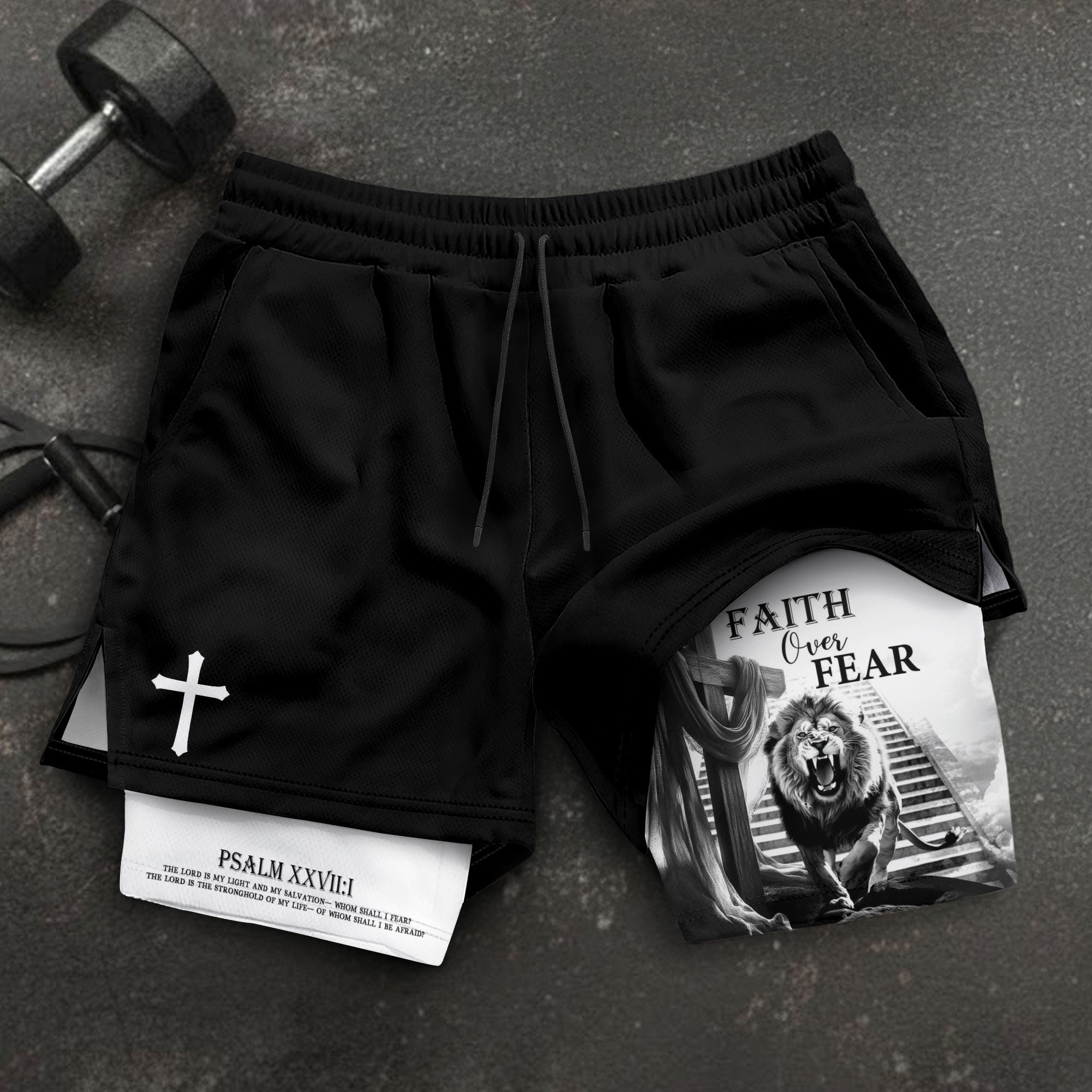 Faith Over Fear Christian Gym Shorts for Men Jesus Cross Bible Verse - Rust Field Wear