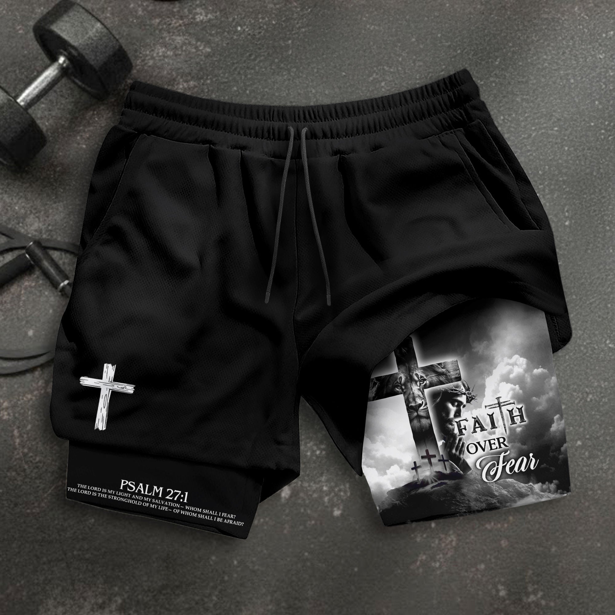 Faith Over Fear Christian Gym Shorts for Men Psalm 27 1 Cross of Jesus