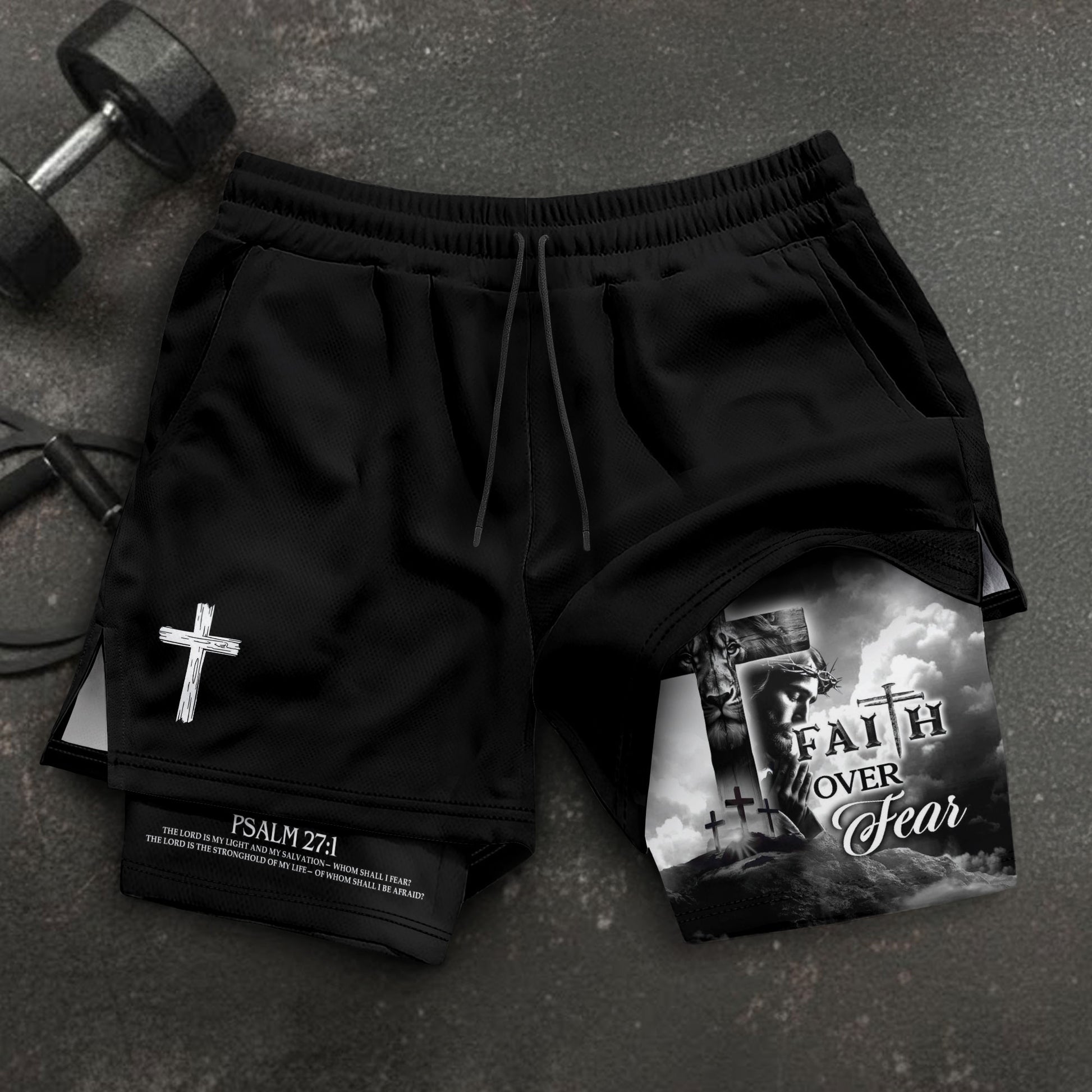 Faith Over Fear Christian Gym Shorts for Men Psalm 27:1 Cross of Jesus - Rust Field Wear