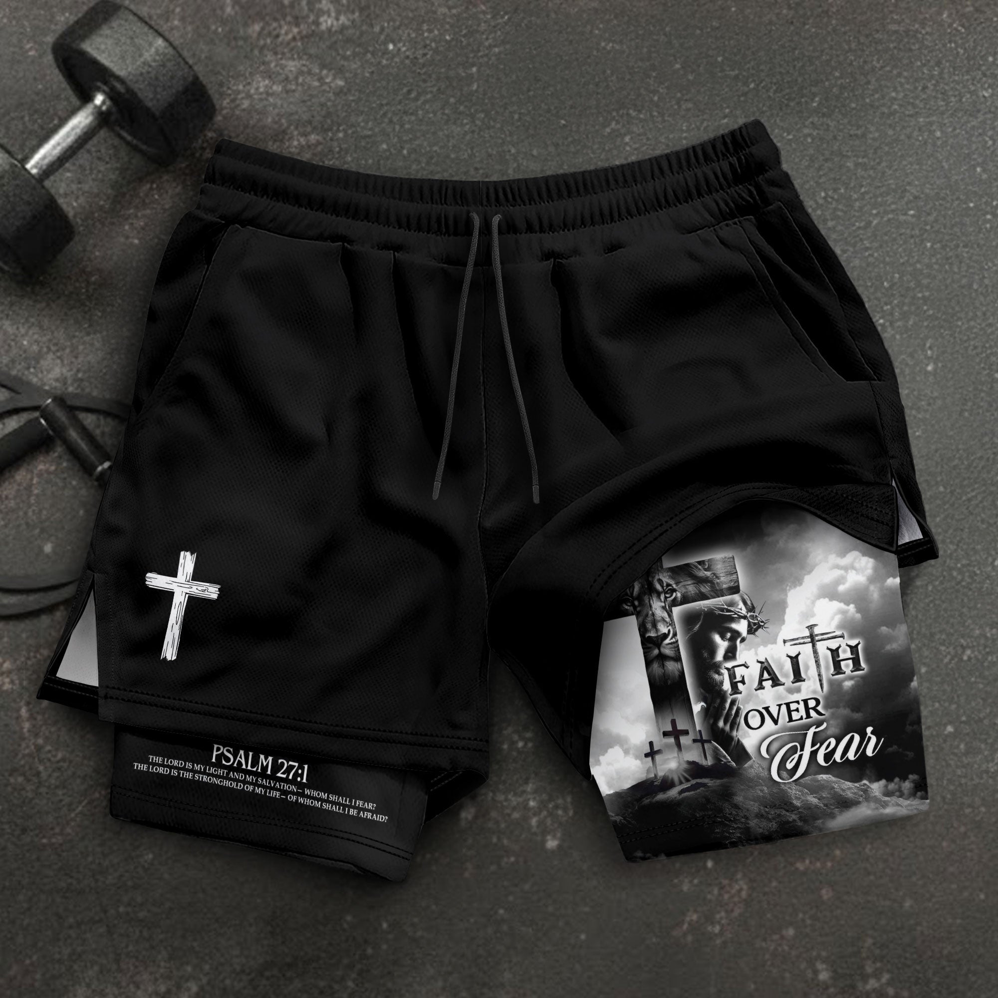 Faith Over Fear Christian Gym Shorts for Men Psalm 27:1 Cross of Jesus - Rust Field Wear