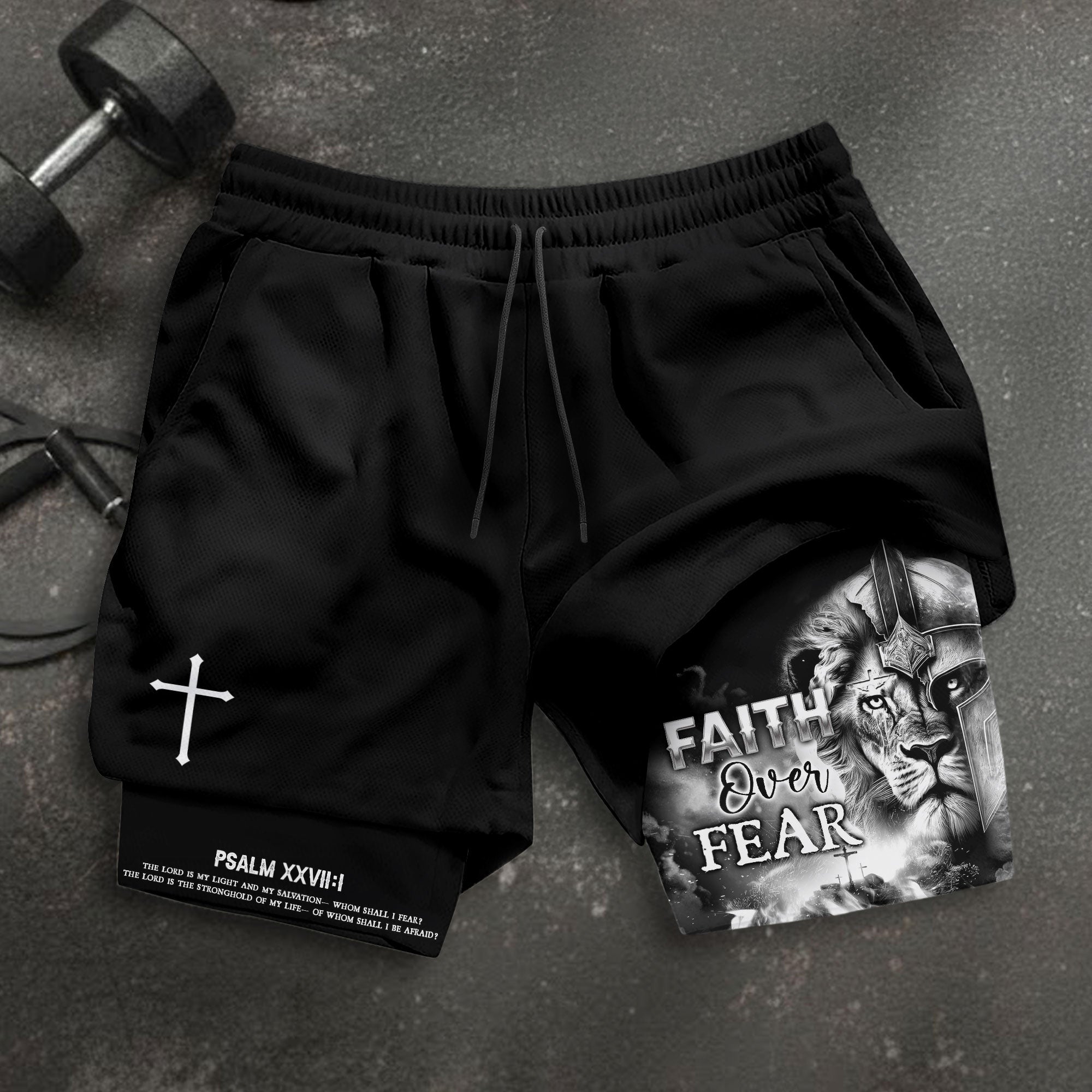Psalm 27 1 Faith Over Fear Christian Gym Shorts for Men Warrior Cross Design