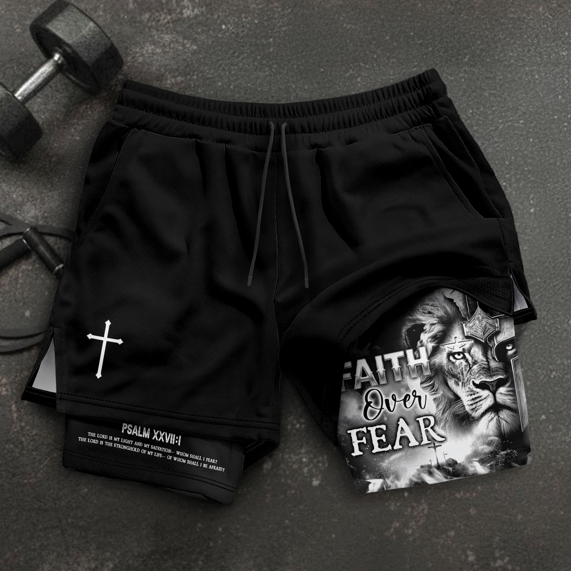 Psalm 27:1 Faith Over Fear Christian Gym Shorts for Men Warrior Cross Design - Rust Field Wear