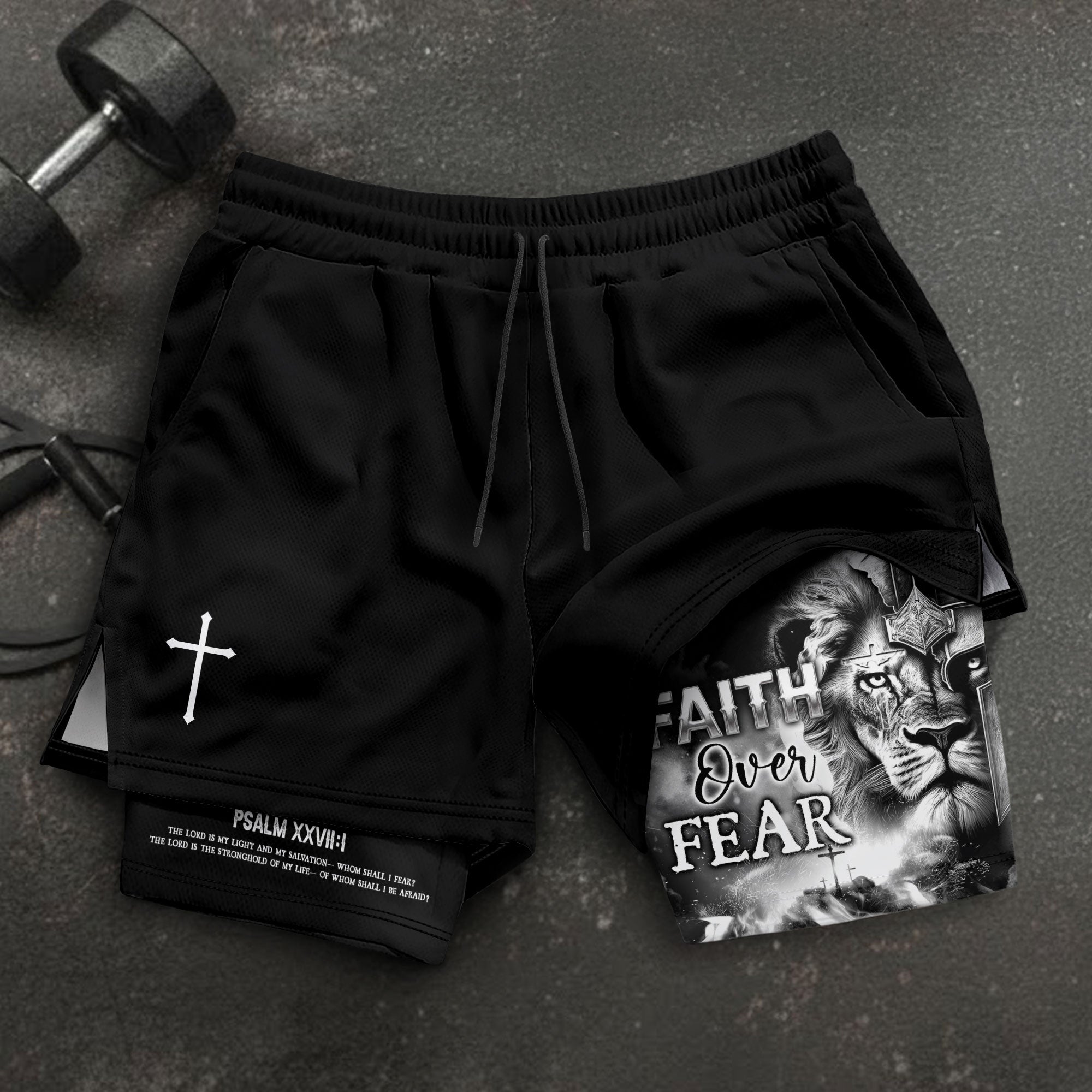 Psalm 27:1 Faith Over Fear Christian Gym Shorts for Men Warrior Cross Design - Rust Field Wear