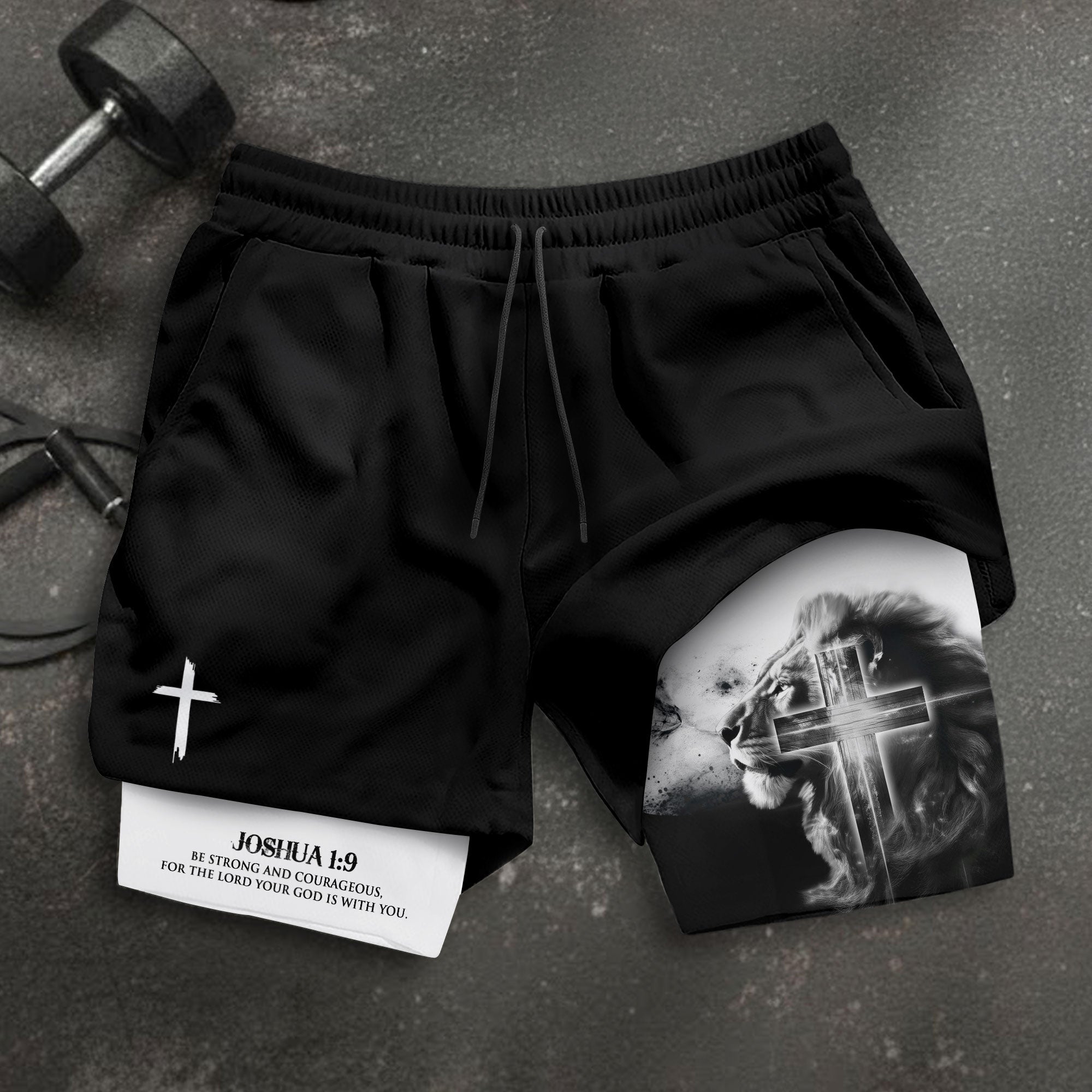 Joshua 1 9 Christian Gym Shorts for Men Lion Cross Bible Verse