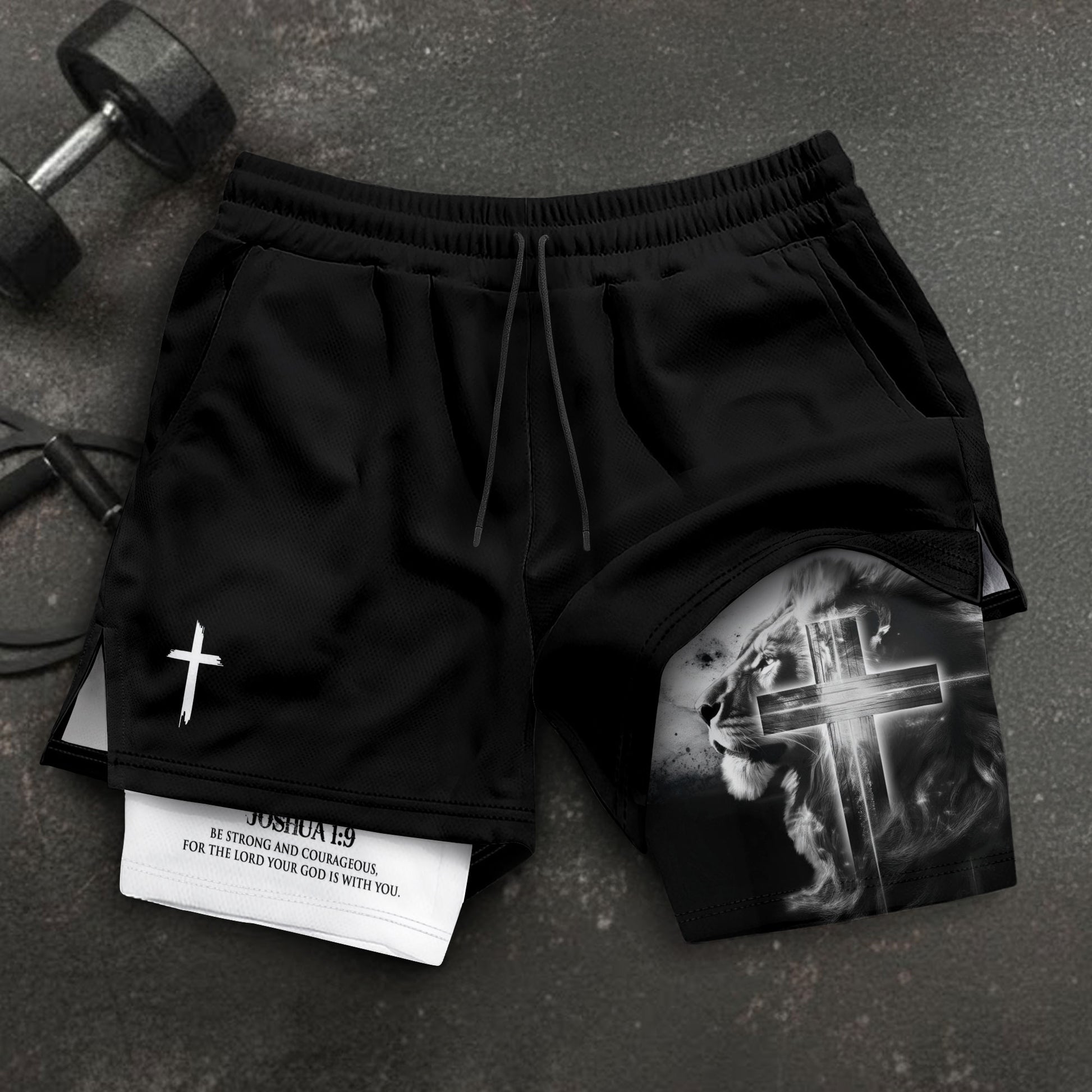 Joshua 1:9 Christian Gym Shorts for Men Lion Cross Bible Verse - Rust Field Wear