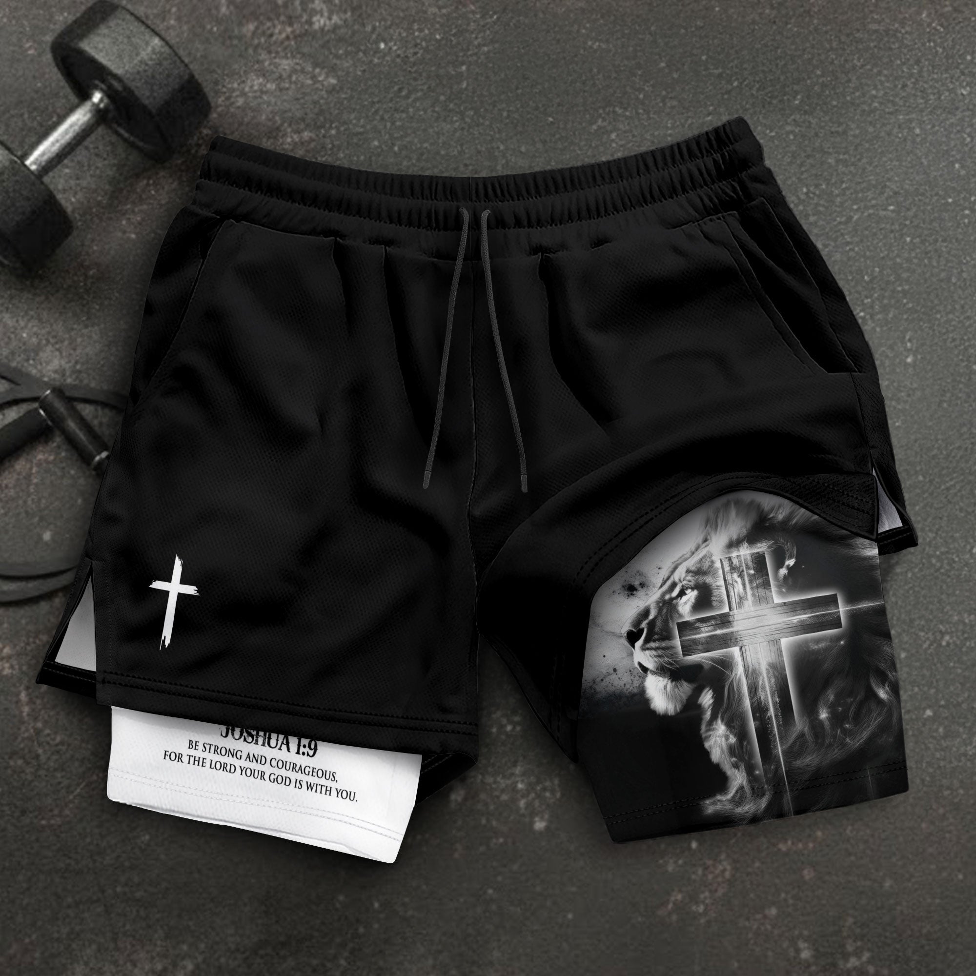 Joshua 1:9 Christian Gym Shorts for Men Lion Cross Bible Verse - Rust Field Wear