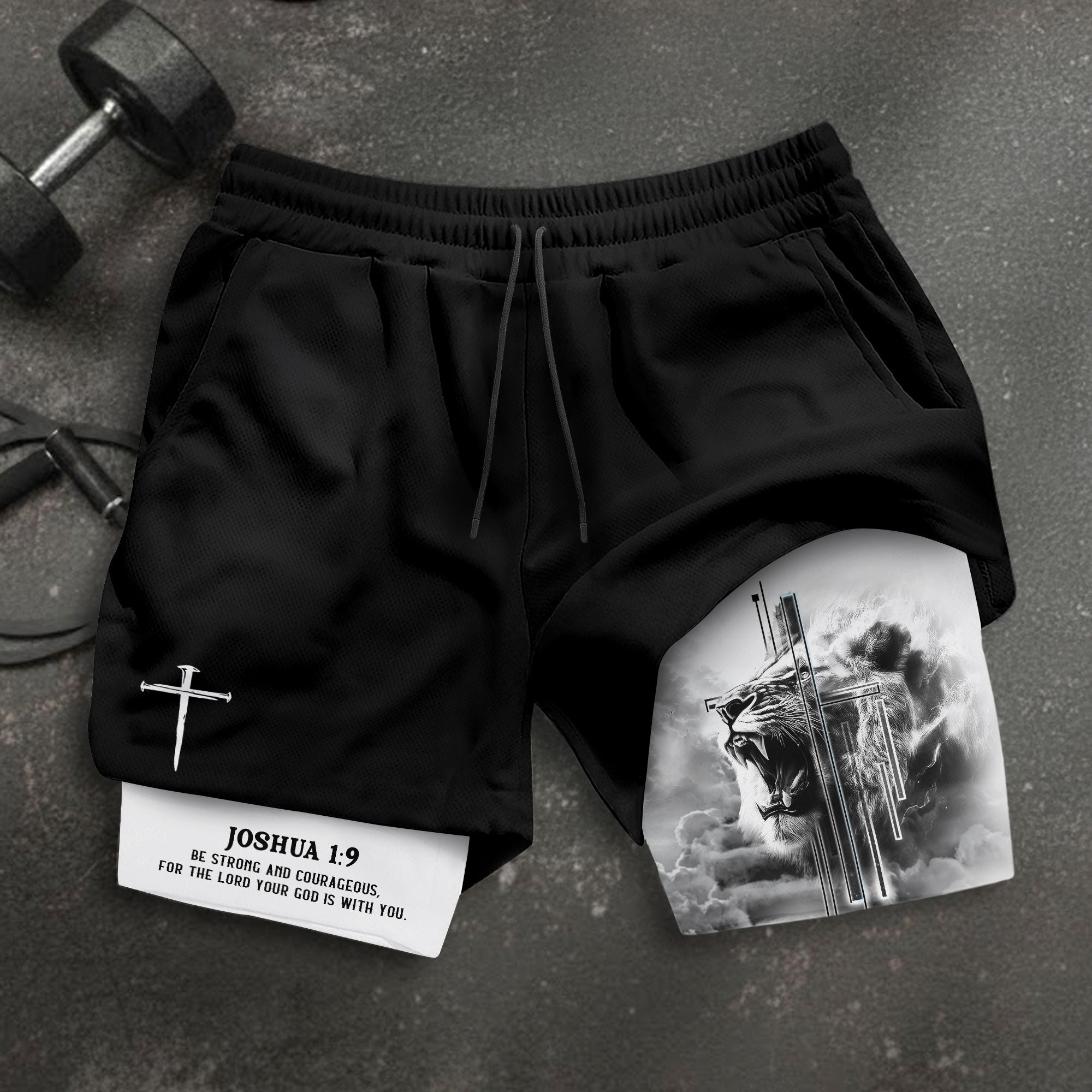 Joshua 1 9 Christian Gym Shorts for Men Lion Cross Faith Design