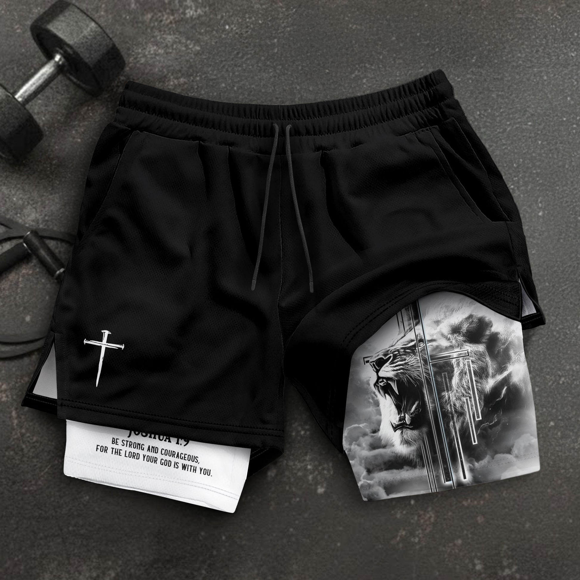 Joshua 1:9 Christian Gym Shorts for Men Lion Cross Faith Design - Rust Field Wear