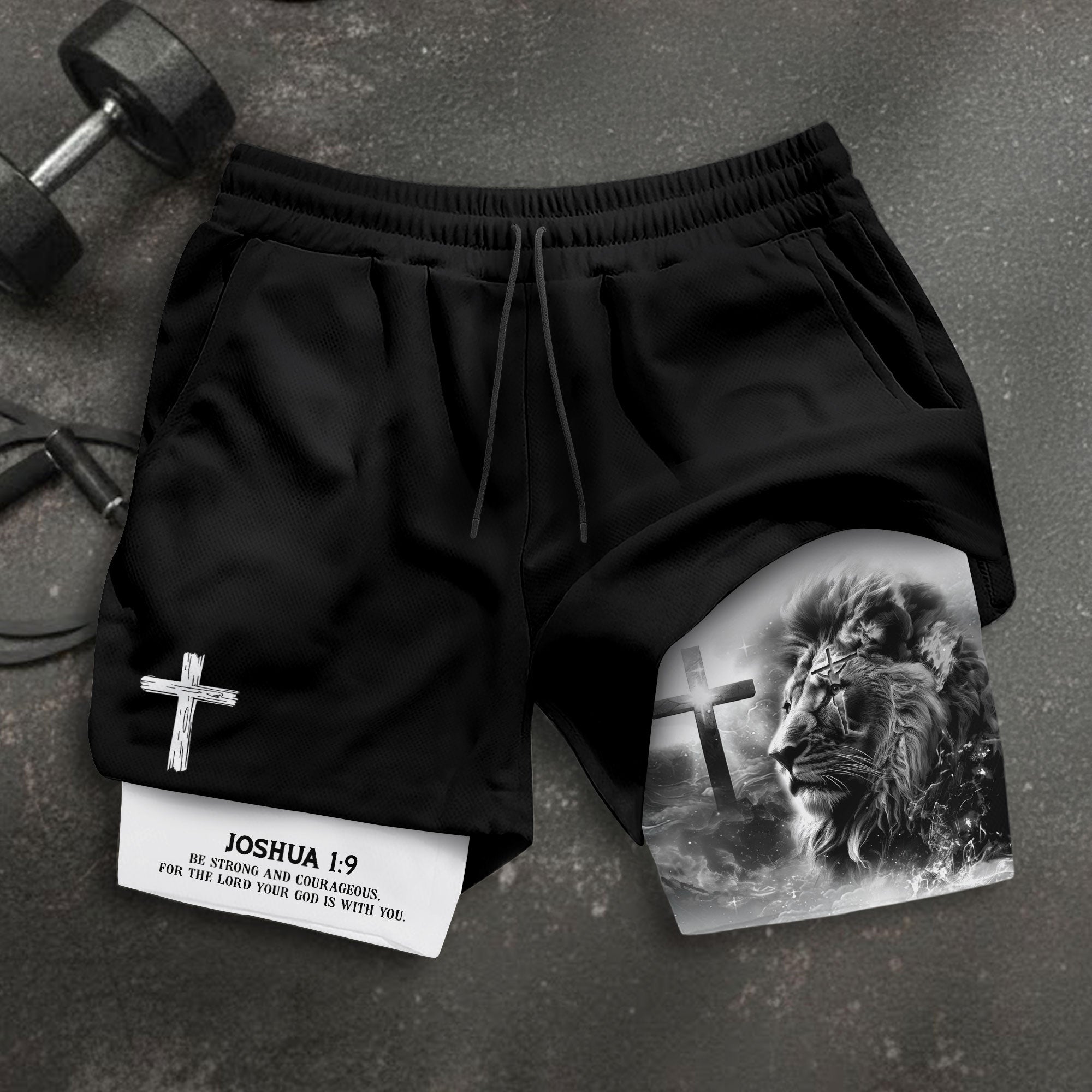 Joshua 1 9 Christian Gym Shorts for Men Cross Courage Design
