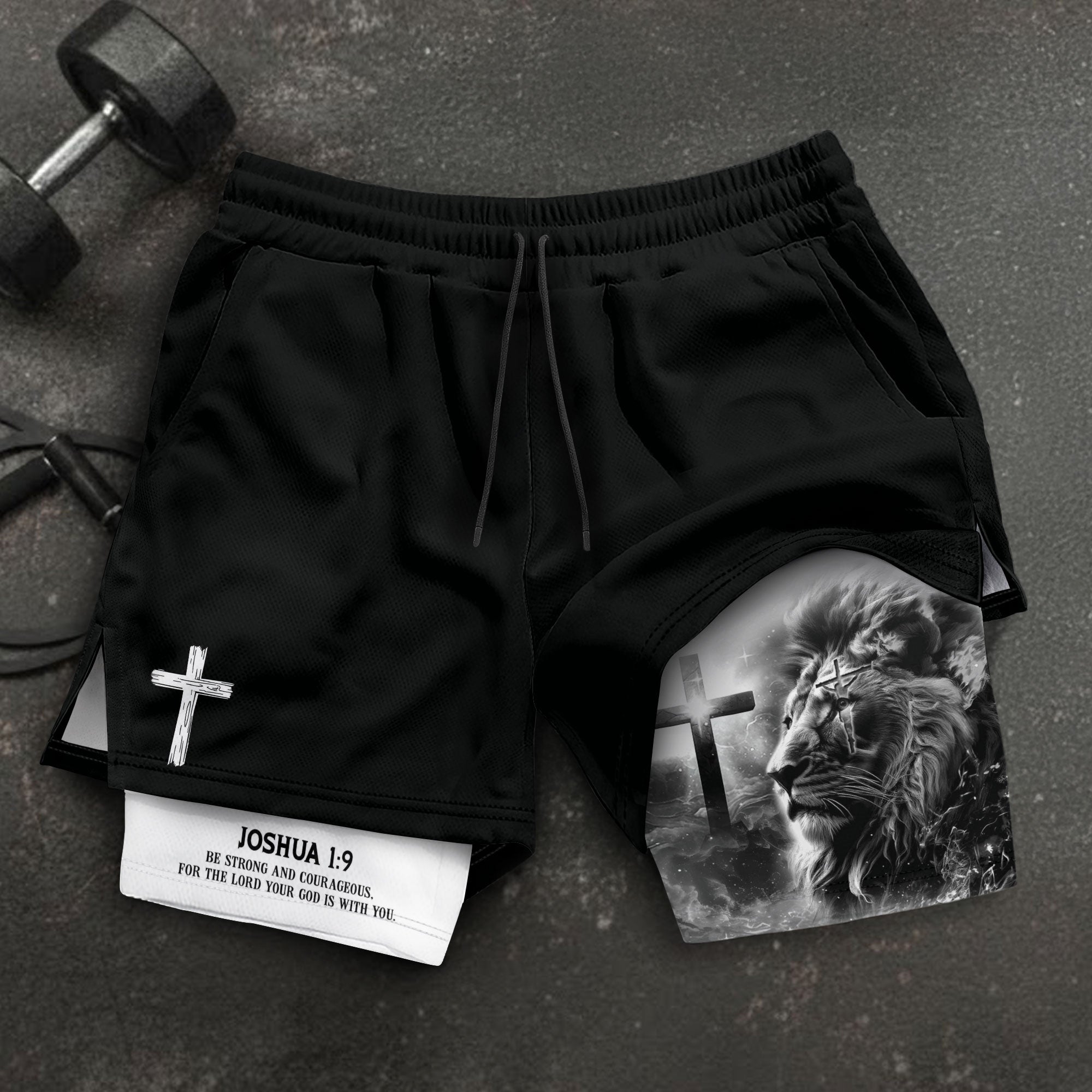 Joshua 1:9 Christian Gym Shorts for Men Cross Courage Design - Rust Field Wear