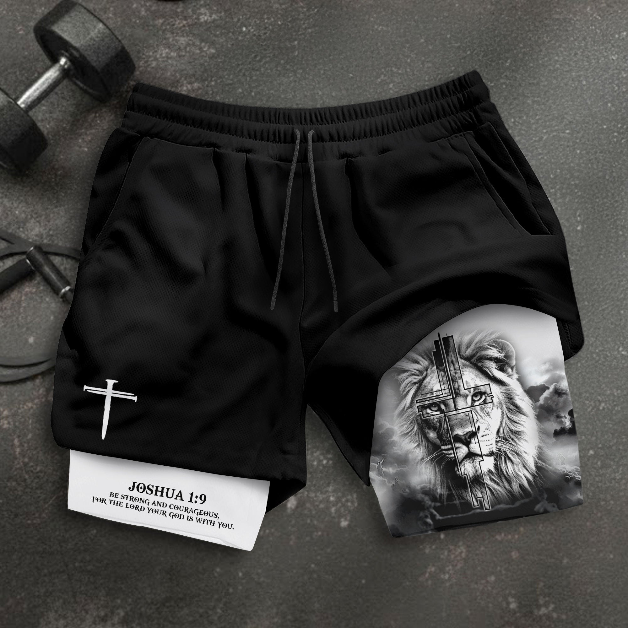 Joshua 1 9 Christian Gym Shorts for Men Lion Cross Faith Strength