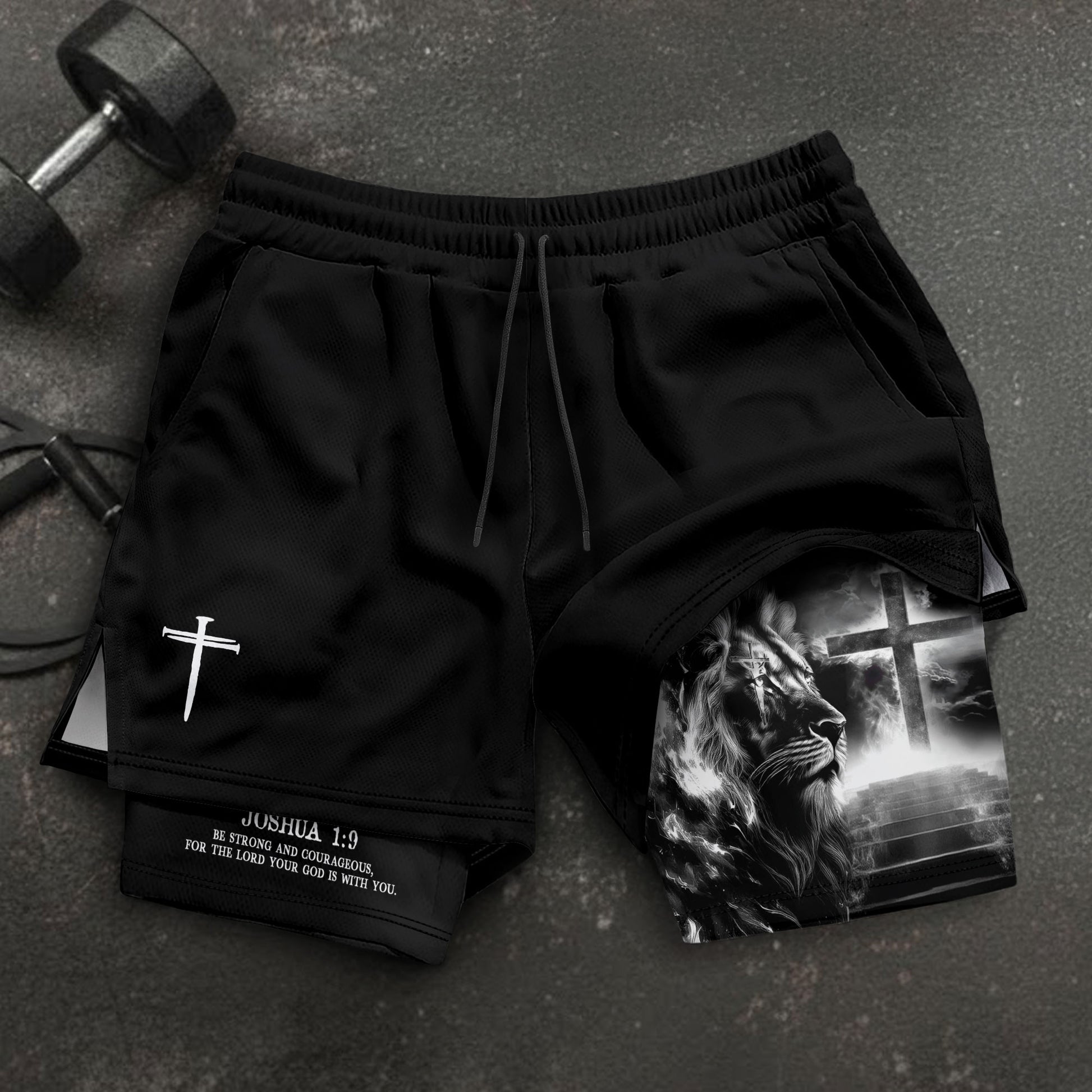 Joshua 1:9 Christian Gym Shorts for Men Lion Cross Faith Strength - Rust Field Wear