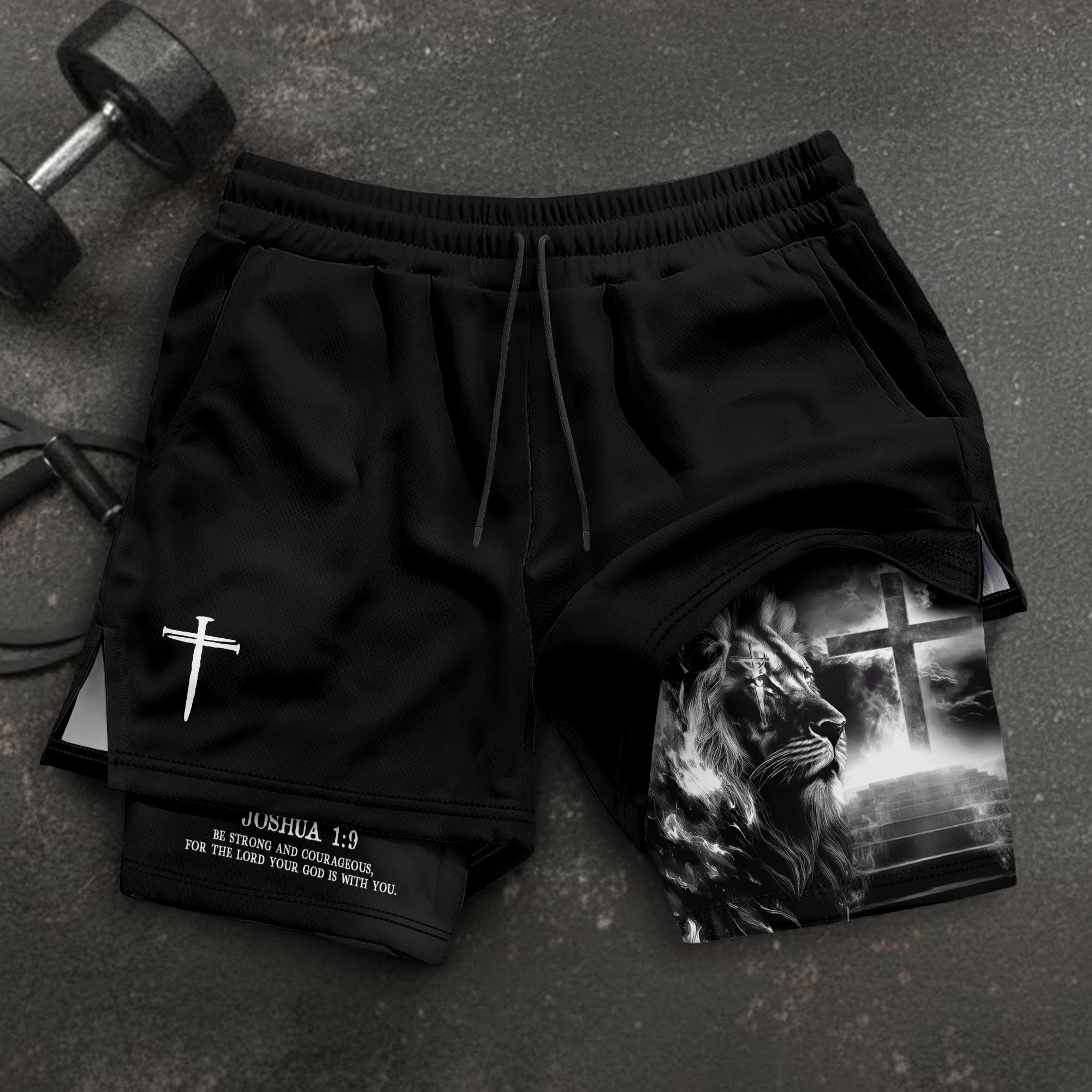 Joshua 1:9 Christian Gym Shorts for Men Lion Cross Faith Strength - Rust Field Wear