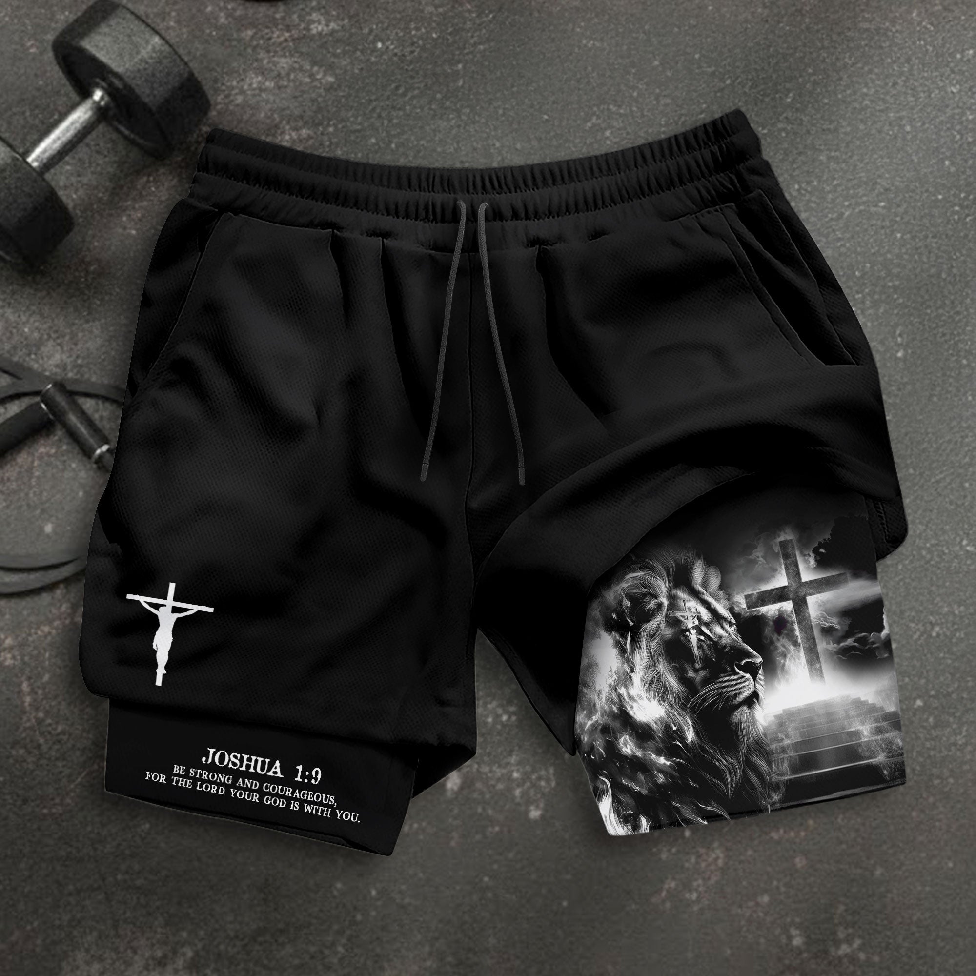 Joshua 1 9 Christian Gym Shorts for Men Lion Cross Crucifix Design