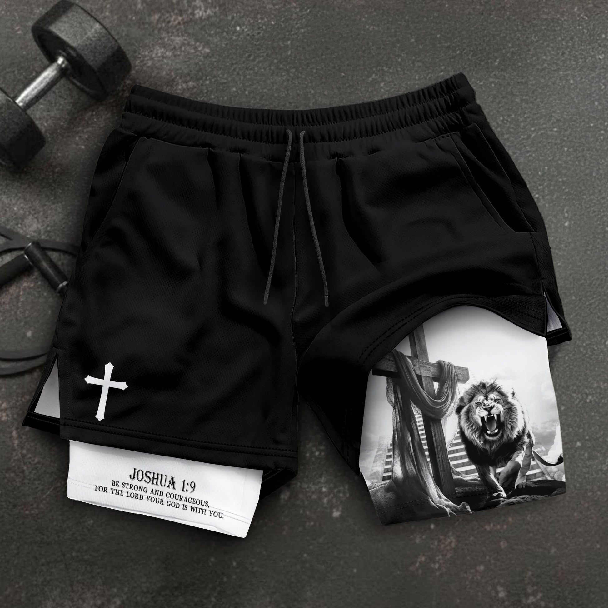 Joshua 1:9 Christian Gym Shorts for Men Lion Cross Courage Design - Rust Field Wear