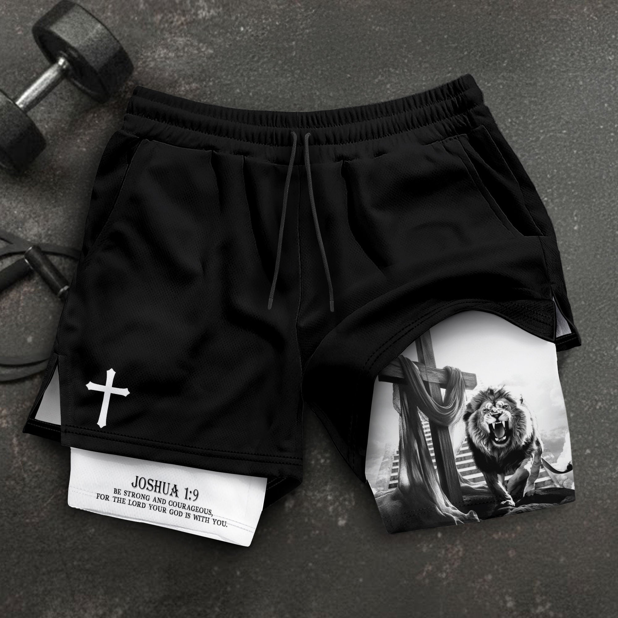 Joshua 1:9 Christian Gym Shorts for Men Lion Cross Courage Design - Rust Field Wear
