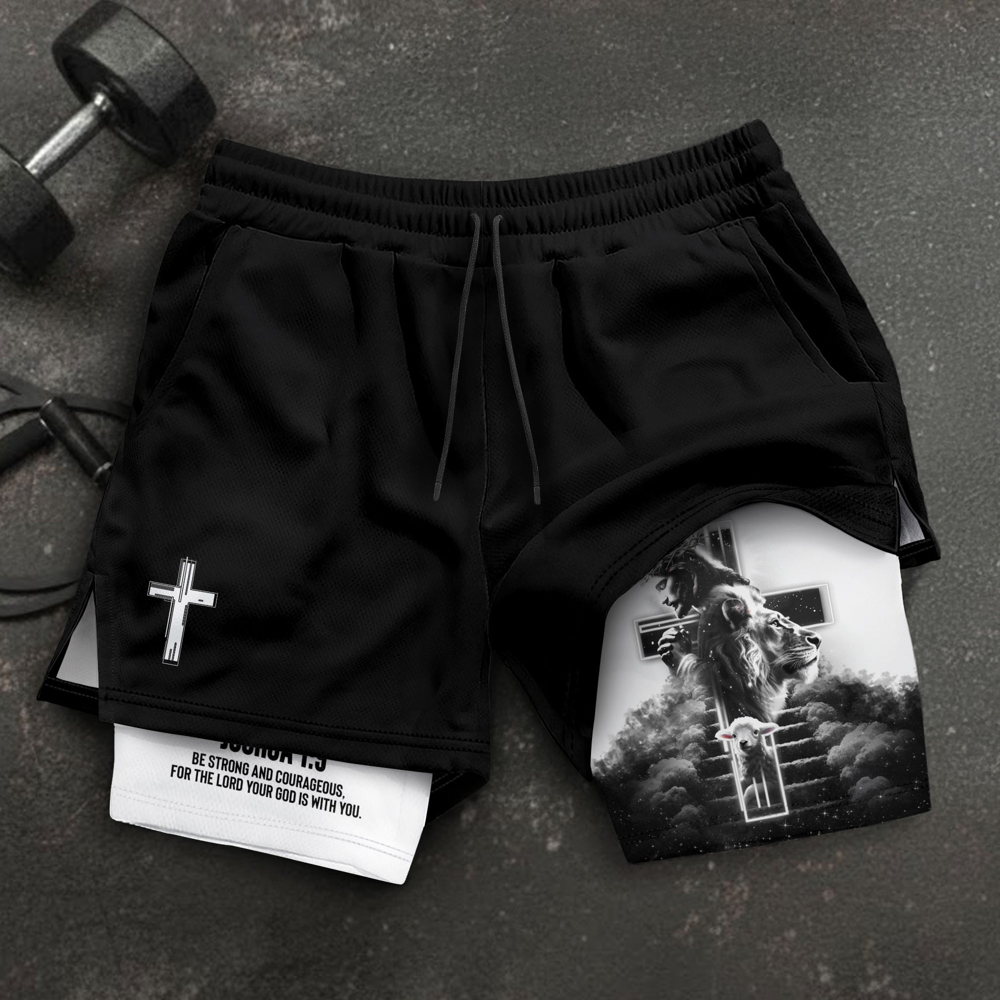 Joshua 1:9 Christian Gym Shorts for Men Jesus Cross Faith Design - Rust Field Wear