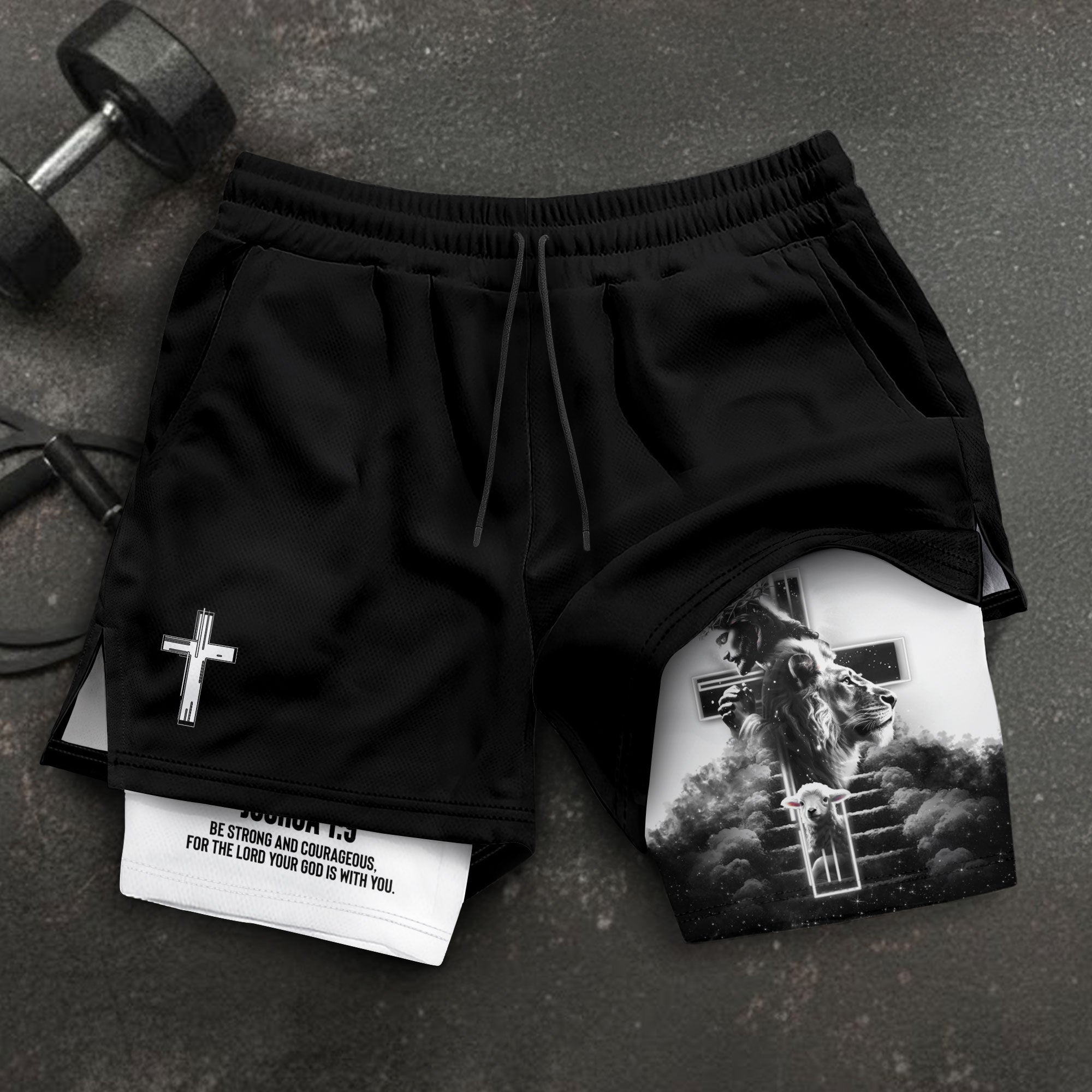 Joshua 1:9 Christian Gym Shorts for Men Jesus Cross Faith Design - Rust Field Wear