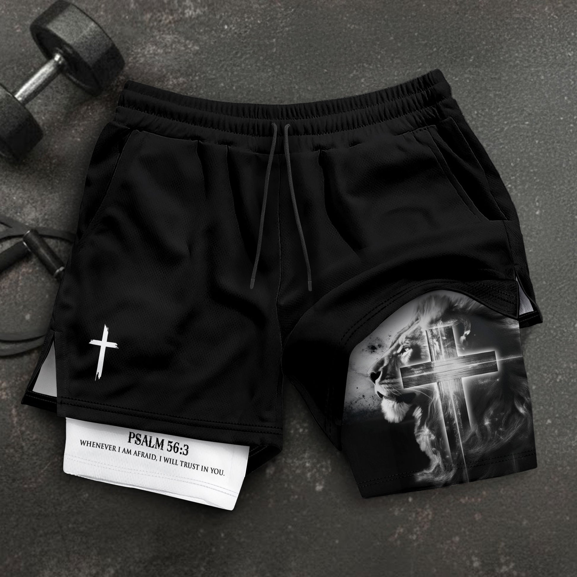 Psalm 56:3 Christian Gym Shorts for Men Lion Cross Faith Design - Rust Field Wear