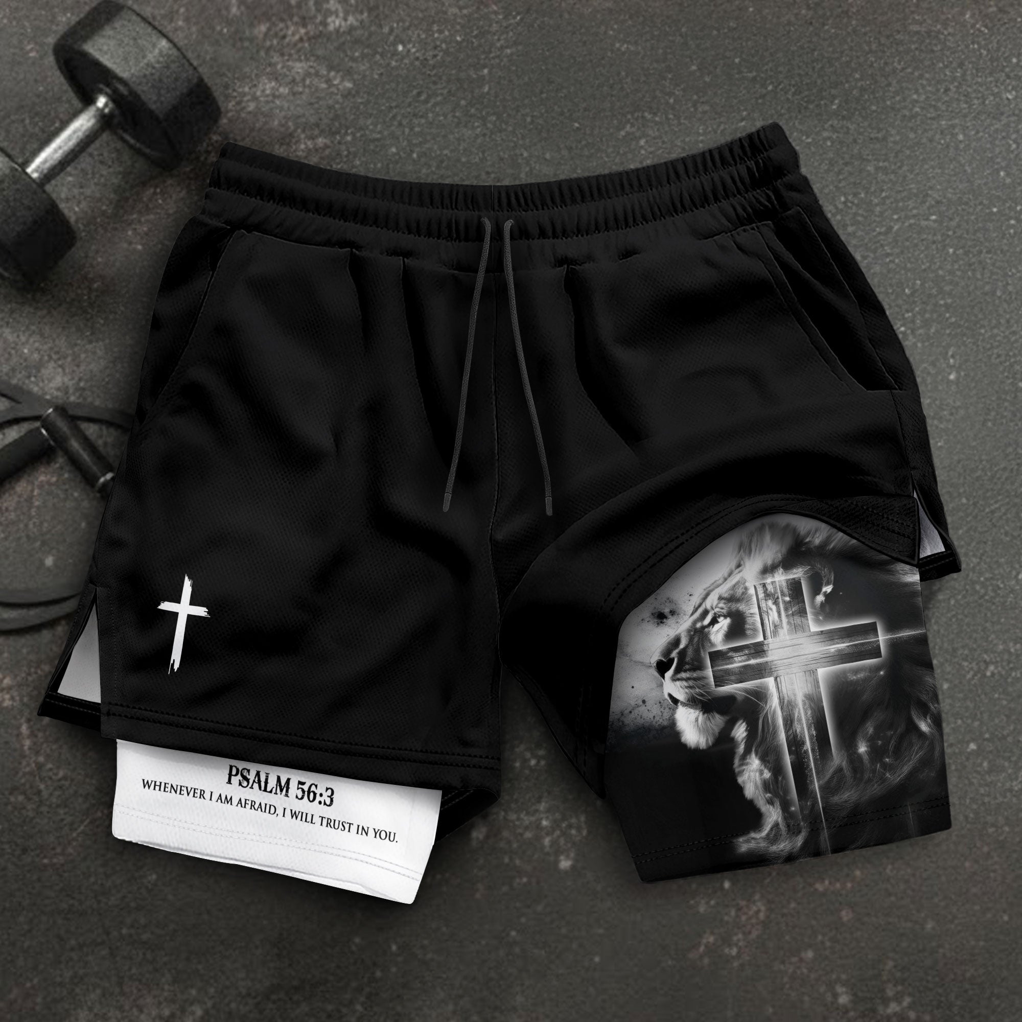 Psalm 56:3 Christian Gym Shorts for Men Lion Cross Faith Design - Rust Field Wear