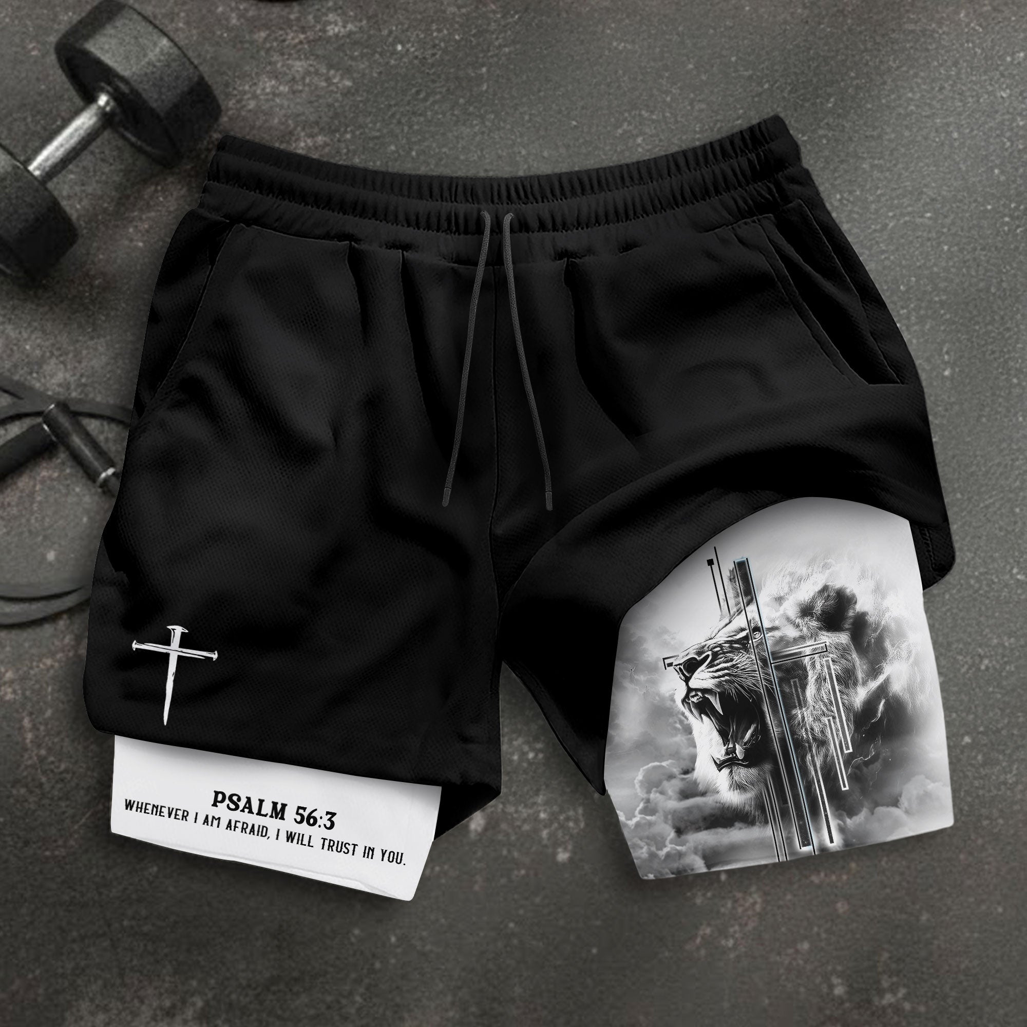 Psalm 56 3 Christian Gym Shorts for Men Fearless Lion Cross Design