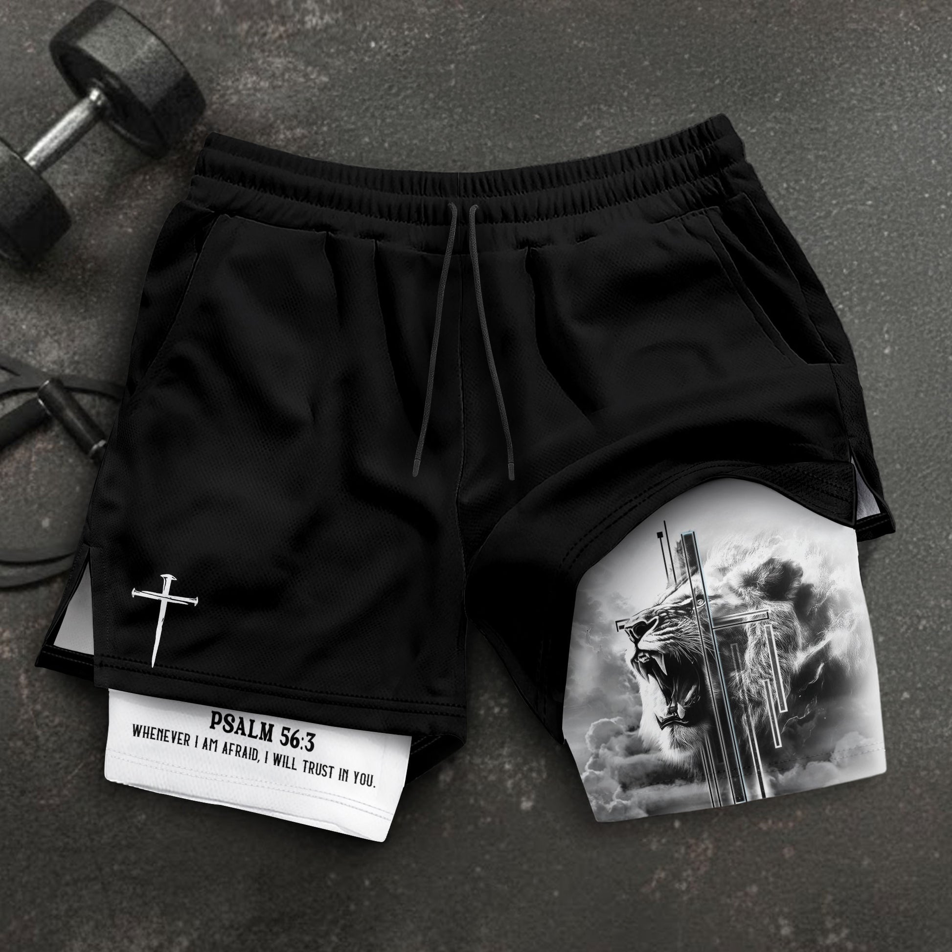 Psalm 56:3 Christian Gym Shorts for Men Fearless Lion Cross Design - Rust Field Wear