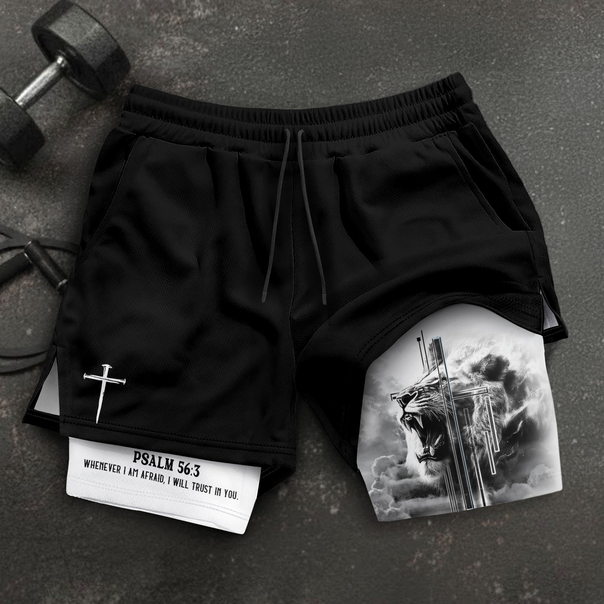 Psalm 56:3 Christian Gym Shorts for Men Fearless Lion Cross Design - Rust Field Wear