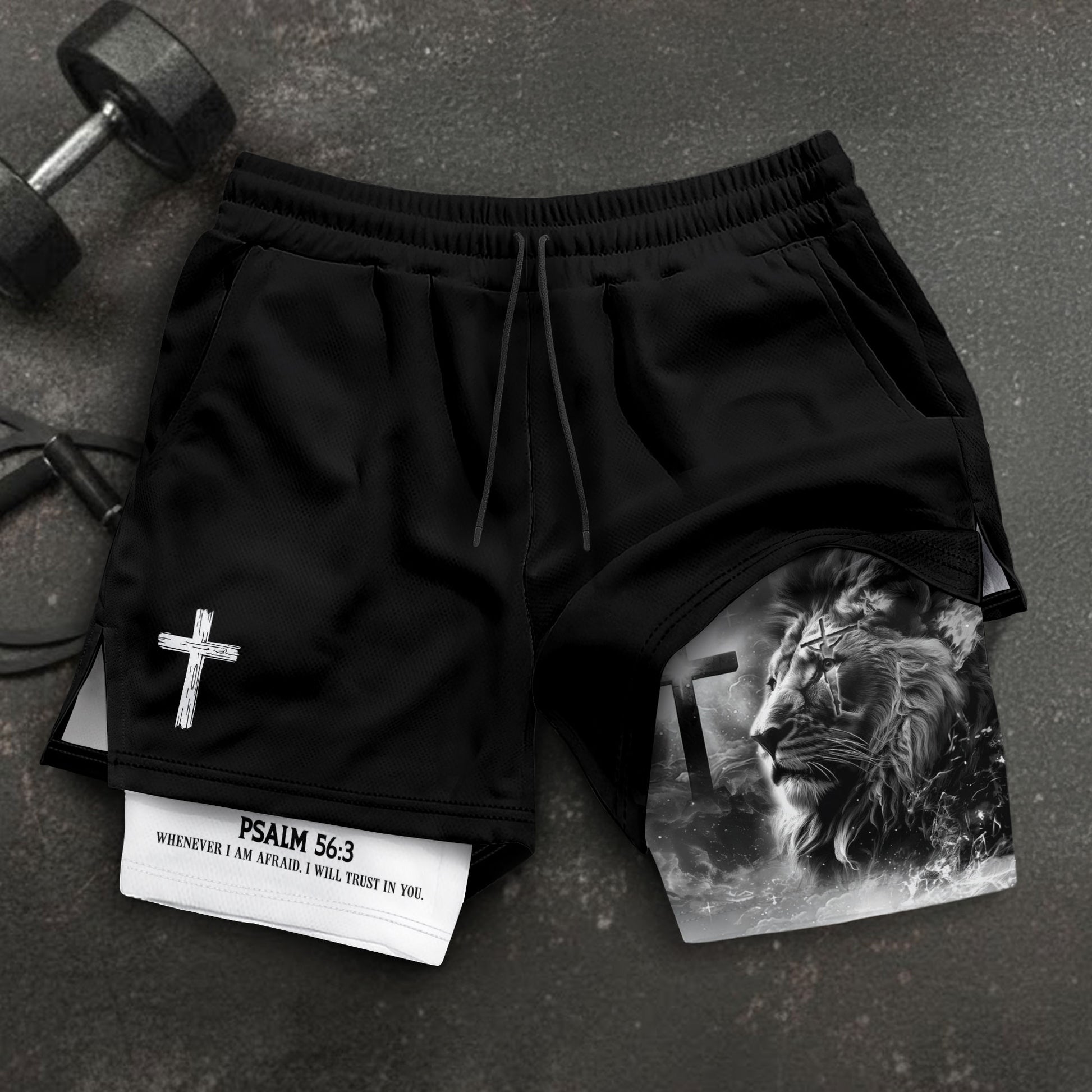 Psalm 56:3 Christian Gym Shorts for Men Lion of Judah Cross Design - Rust Field Wear